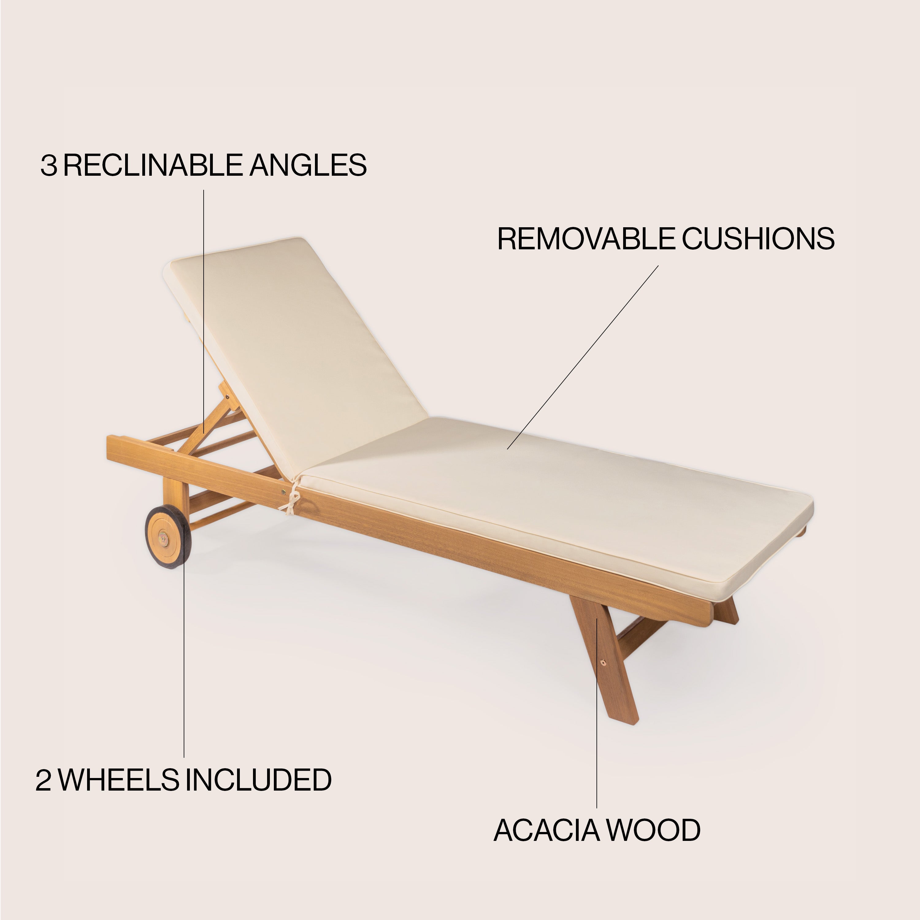 Mallorca Modern Classic Adjustable Acacia Wood Chaise Outdoor Lounge Chair with Cushion & Wheels