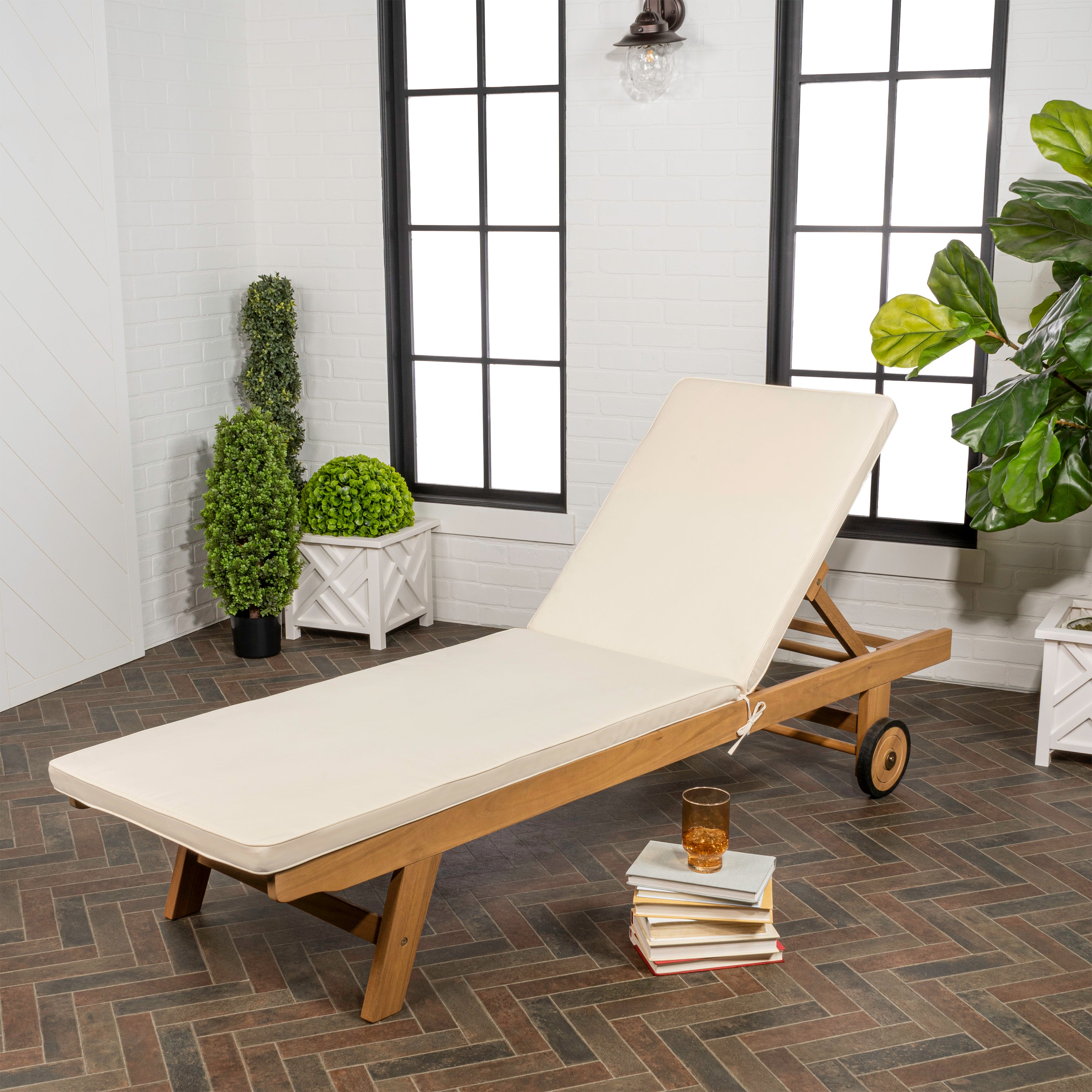 Mallorca Modern Classic Adjustable Acacia Wood Chaise Outdoor Lounge Chair with Cushion & Wheels