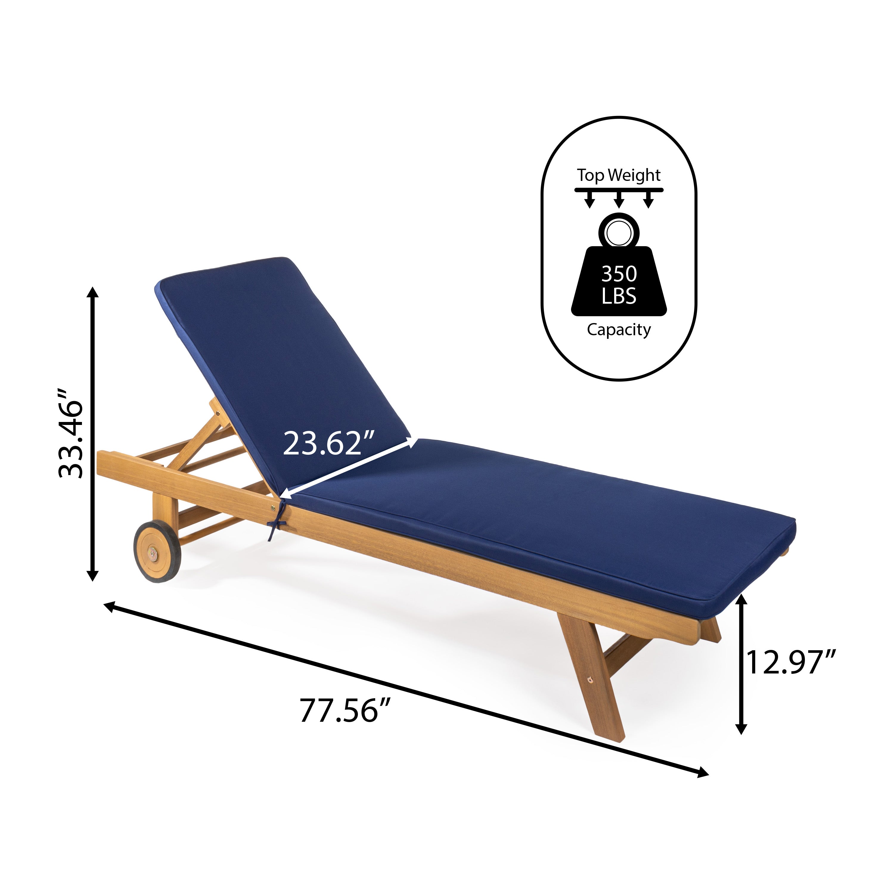Mallorca Modern Classic Adjustable Acacia Wood Chaise Outdoor Lounge Chair with Cushion & Wheels