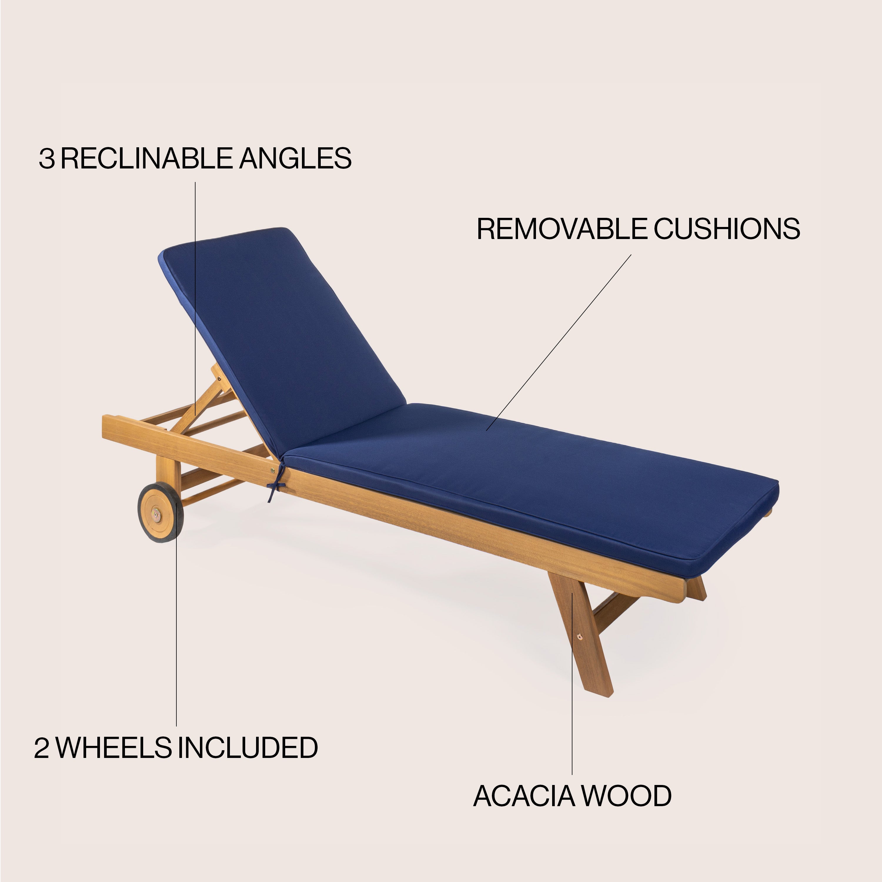 Mallorca Modern Classic Adjustable Acacia Wood Chaise Outdoor Lounge Chair with Cushion & Wheels