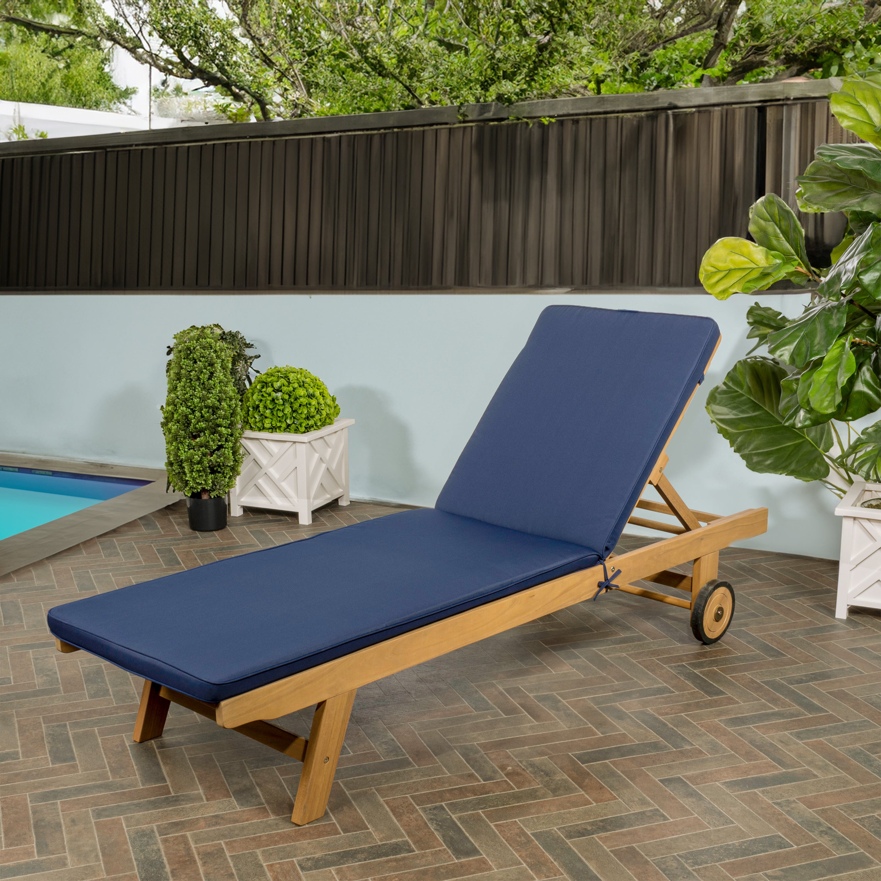 Mallorca Modern Classic Adjustable Acacia Wood Chaise Outdoor Lounge Chair with Cushion & Wheels