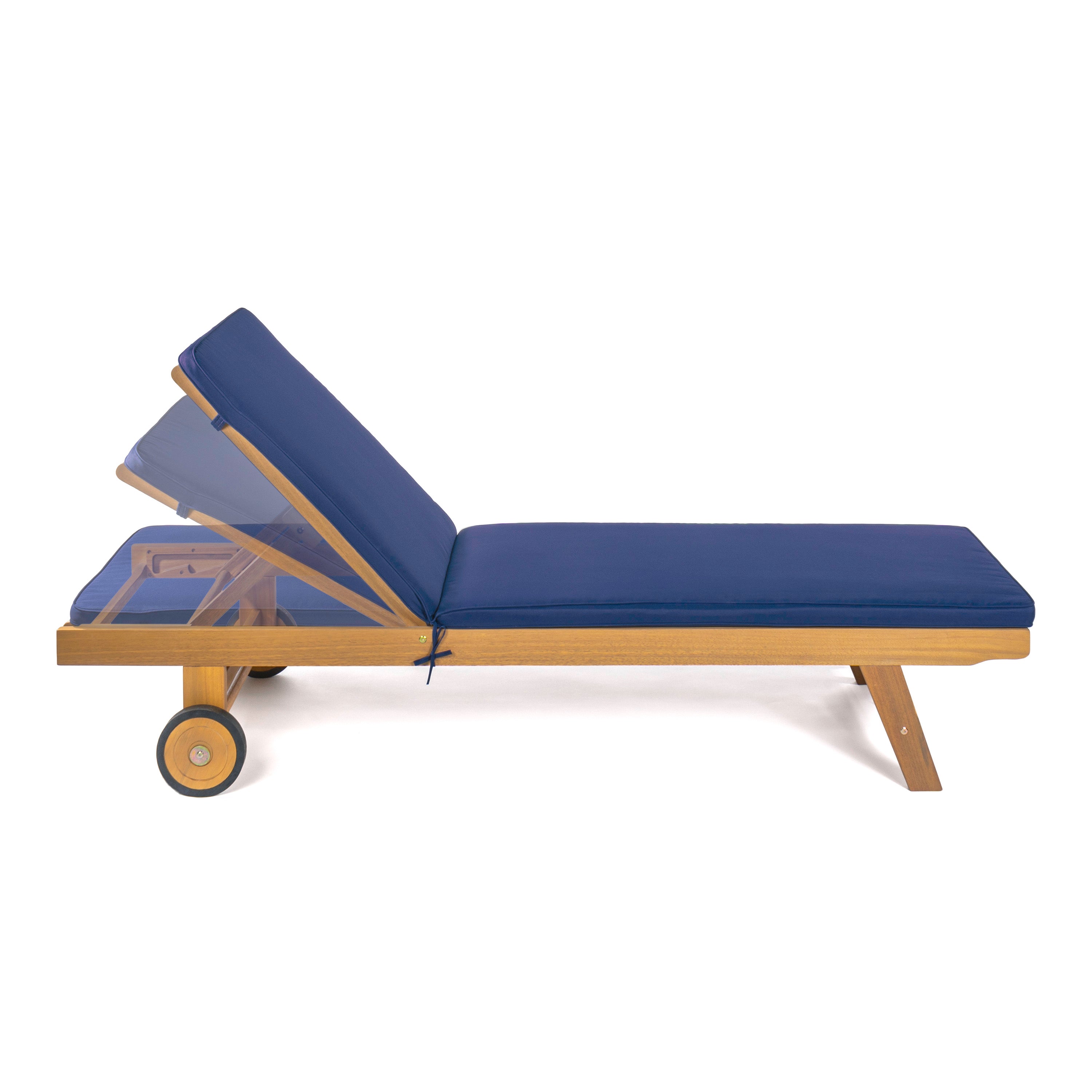 Mallorca Modern Classic Adjustable Acacia Wood Chaise Outdoor Lounge Chair with Cushion & Wheels