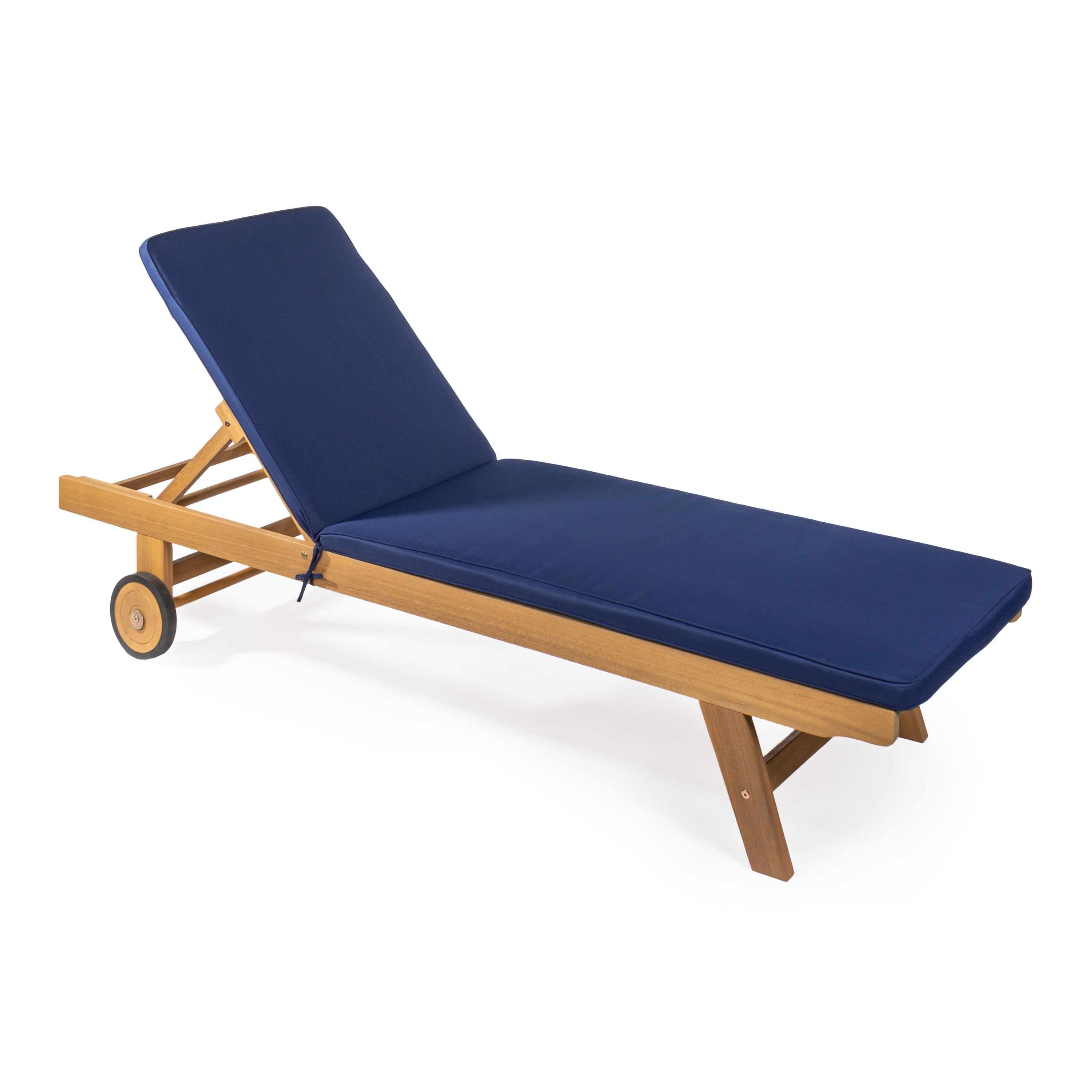 Mallorca Modern Classic Adjustable Acacia Wood Chaise Outdoor Lounge Chair with Cushion & Wheels