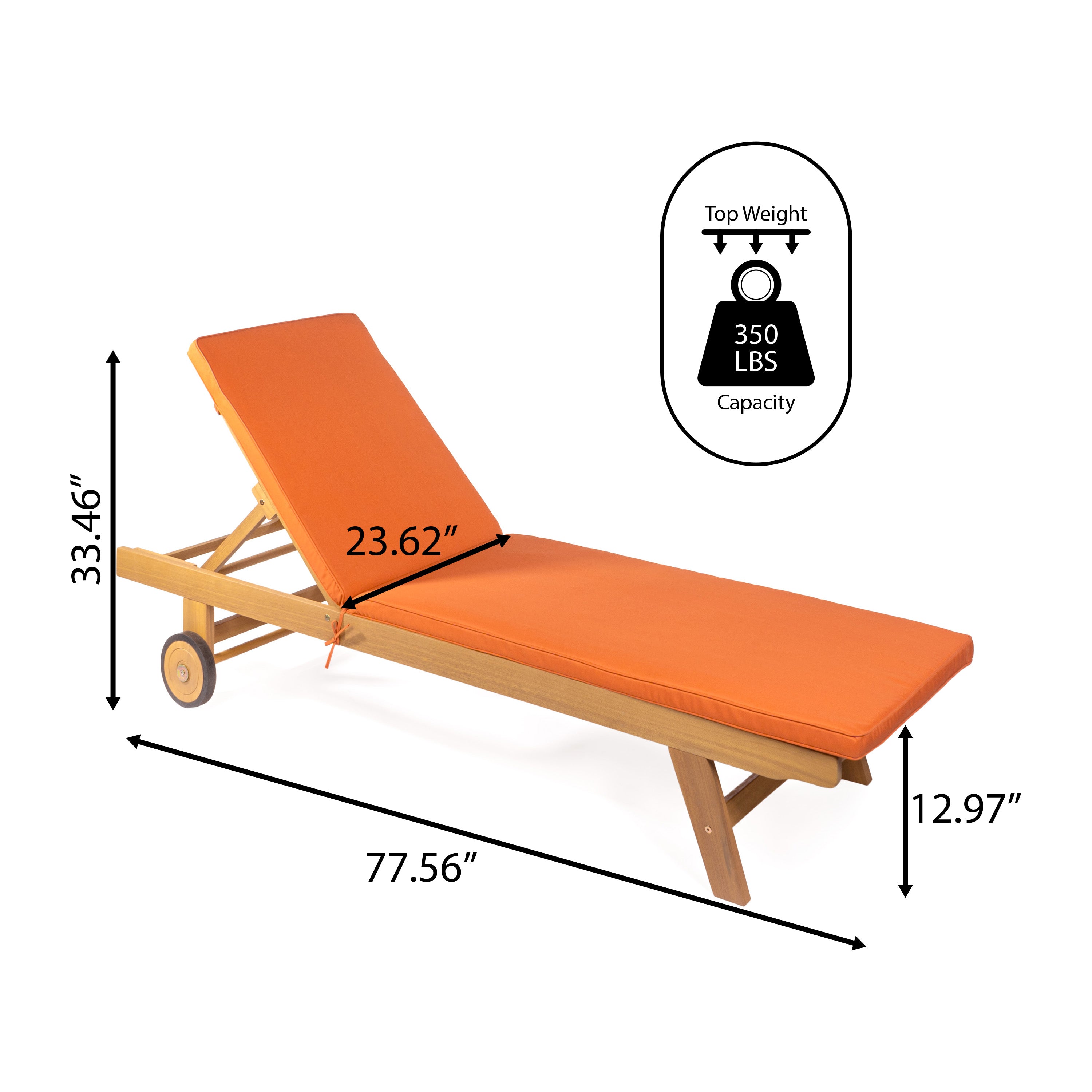 Mallorca Modern Classic Adjustable Acacia Wood Chaise Outdoor Lounge Chair with Cushion & Wheels