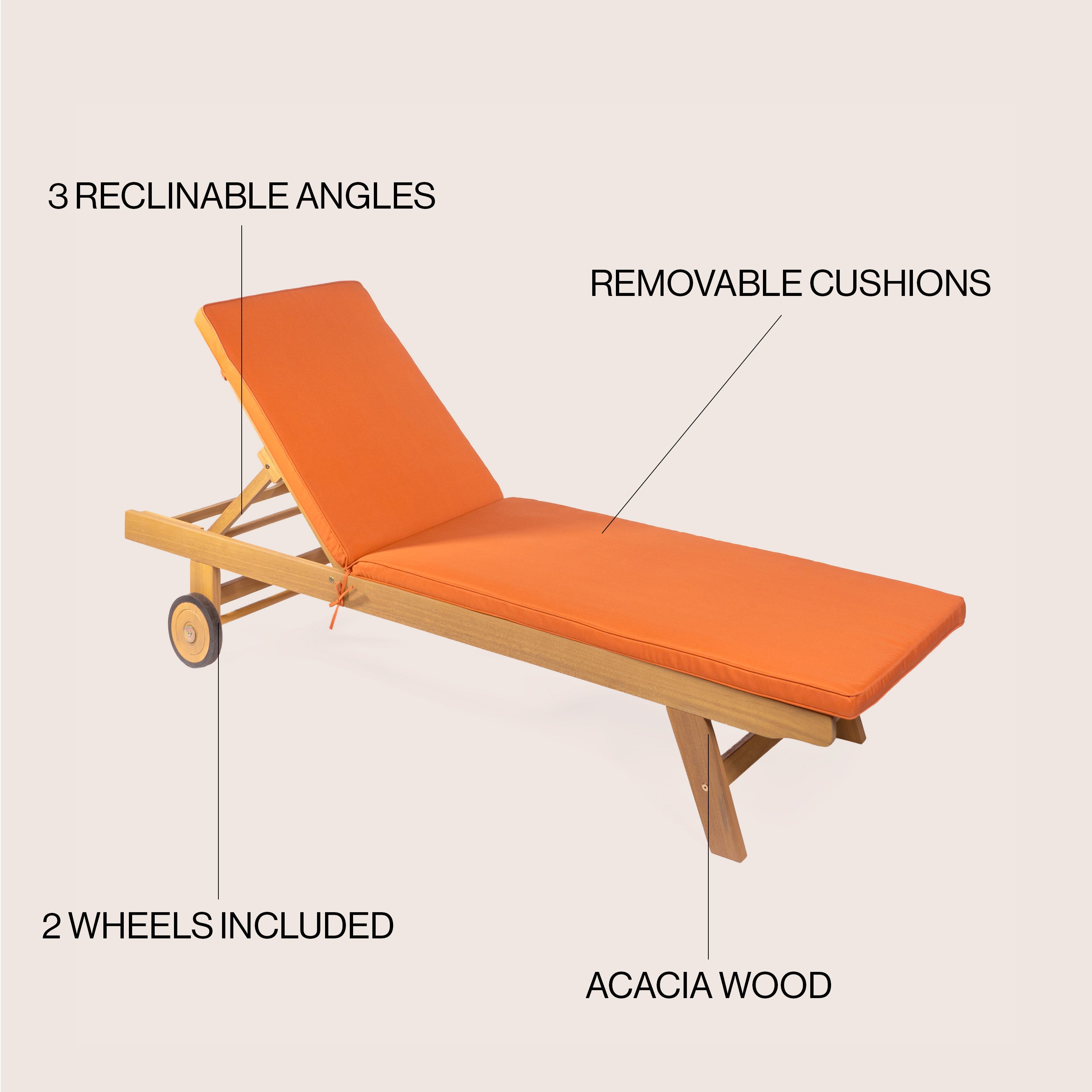 Mallorca Modern Classic Adjustable Acacia Wood Chaise Outdoor Lounge Chair with Cushion & Wheels