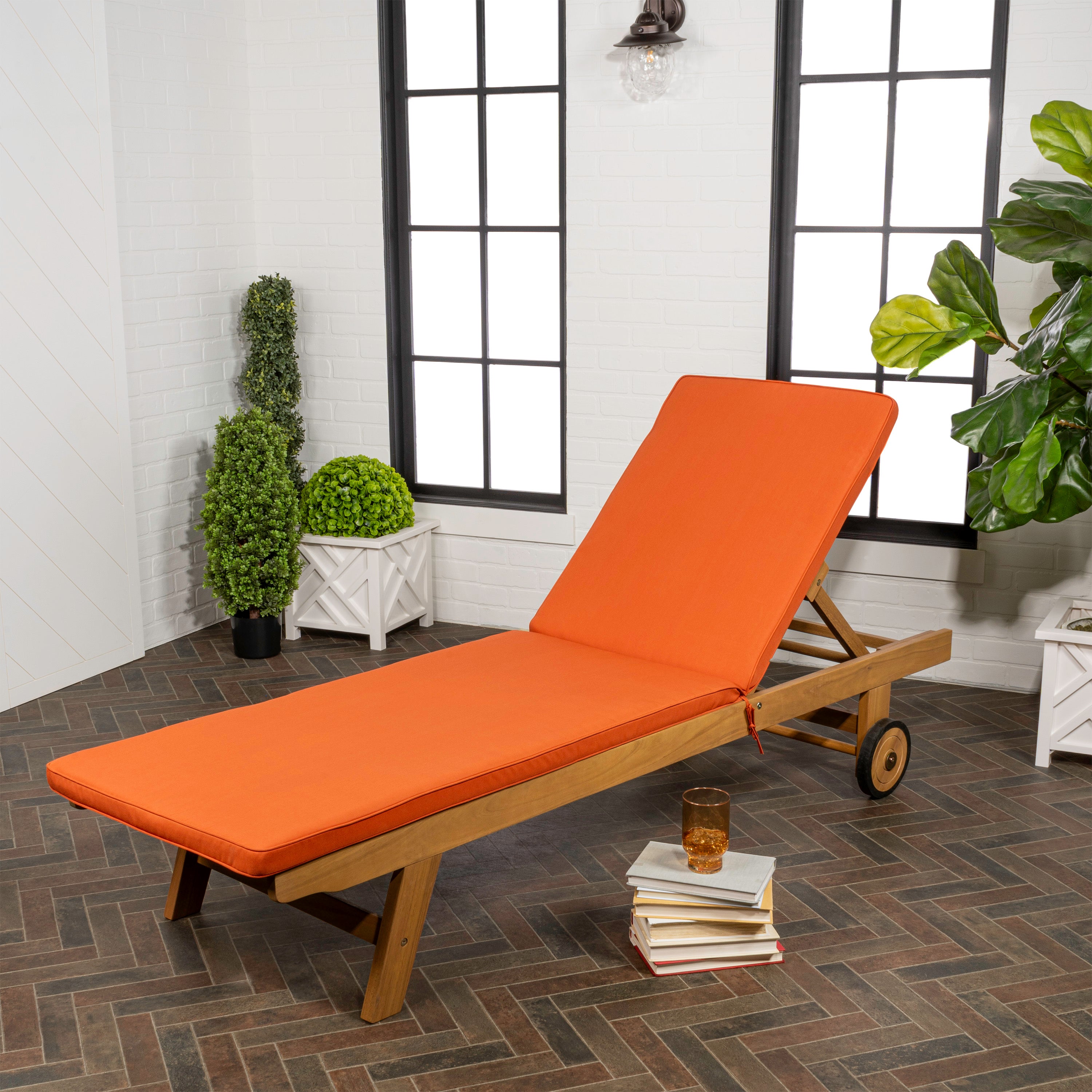Mallorca Modern Classic Adjustable Acacia Wood Chaise Outdoor Lounge Chair with Cushion & Wheels