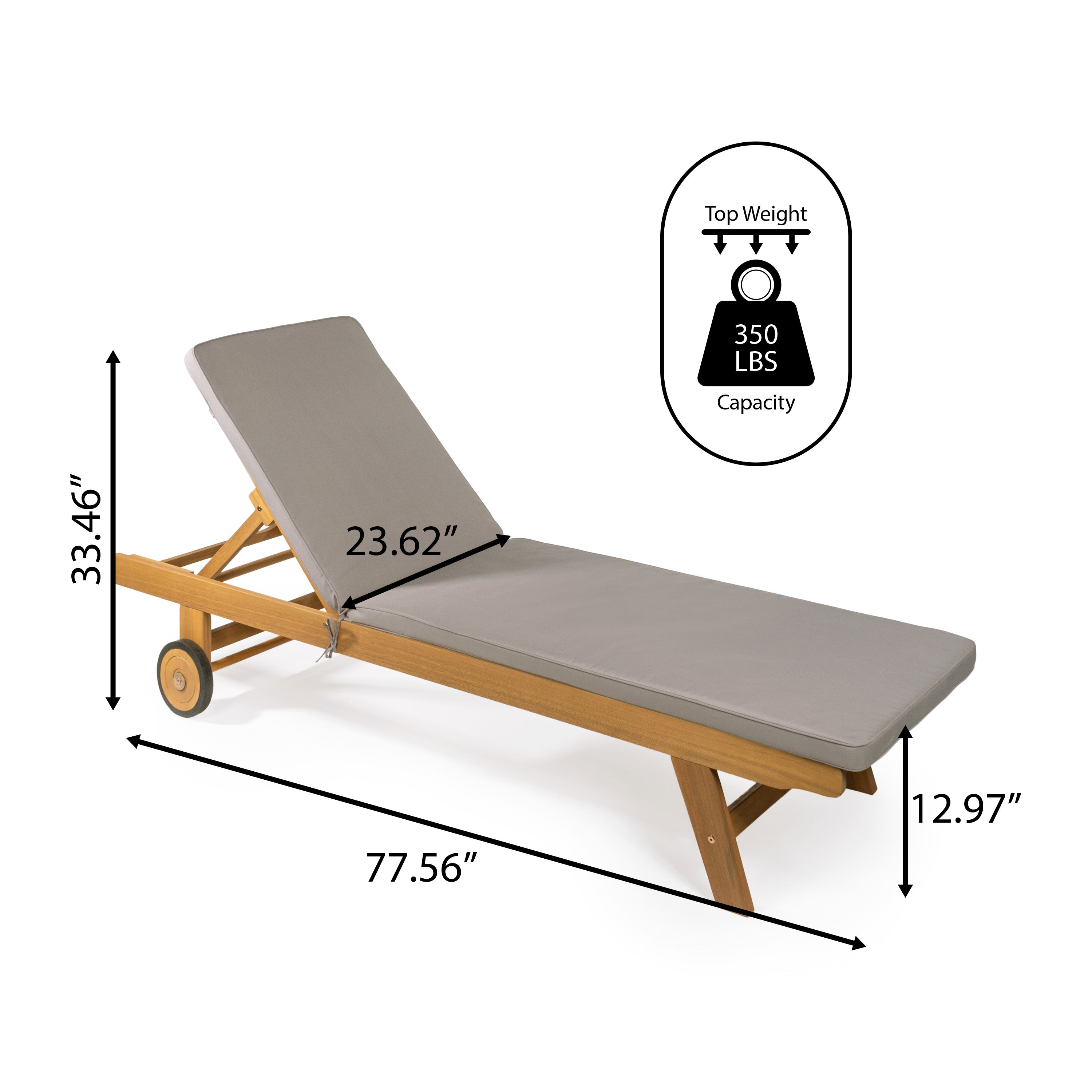 Mallorca Modern Classic Adjustable Acacia Wood Chaise Outdoor Lounge Chair with Cushion & Wheels