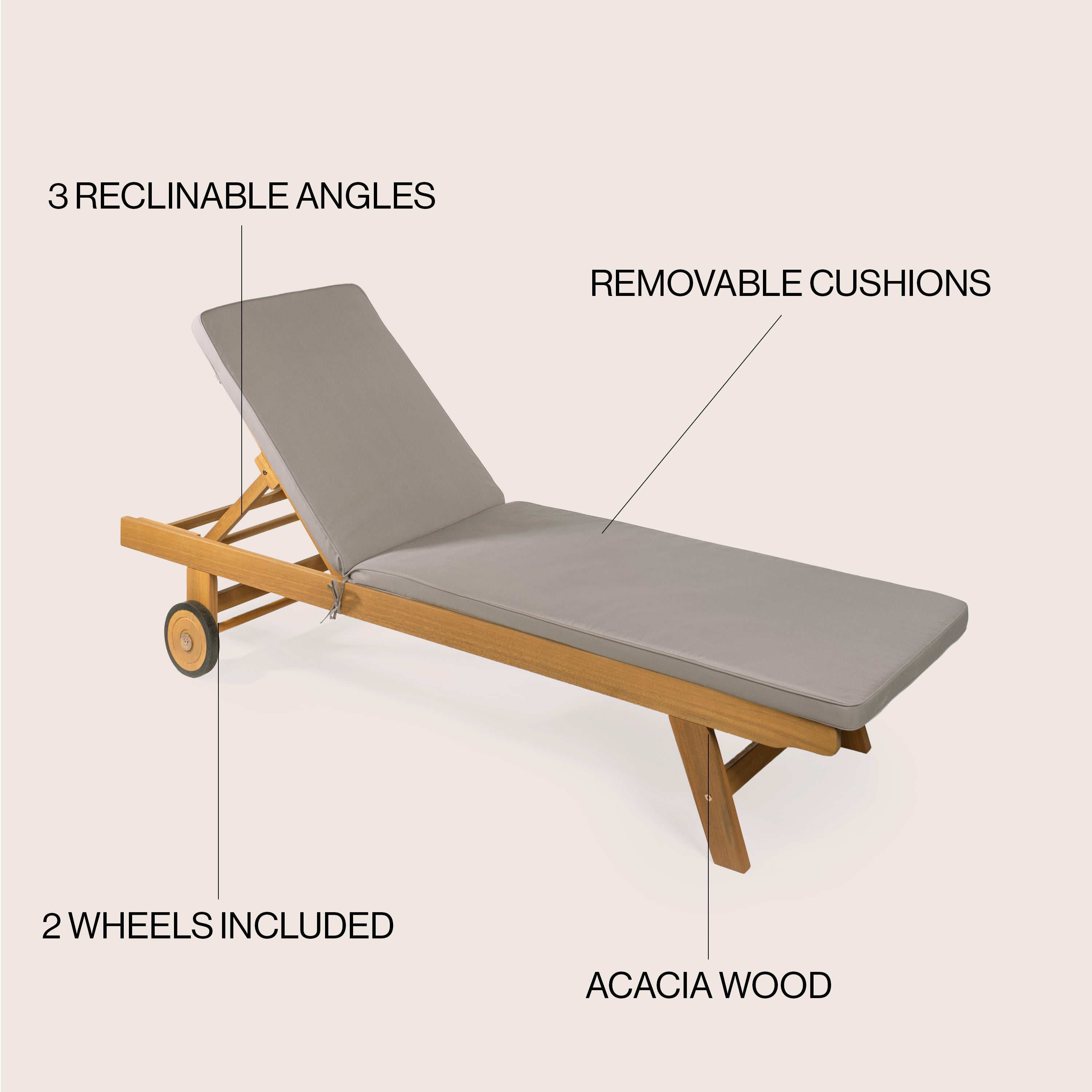 Mallorca Modern Classic Adjustable Acacia Wood Chaise Outdoor Lounge Chair with Cushion & Wheels