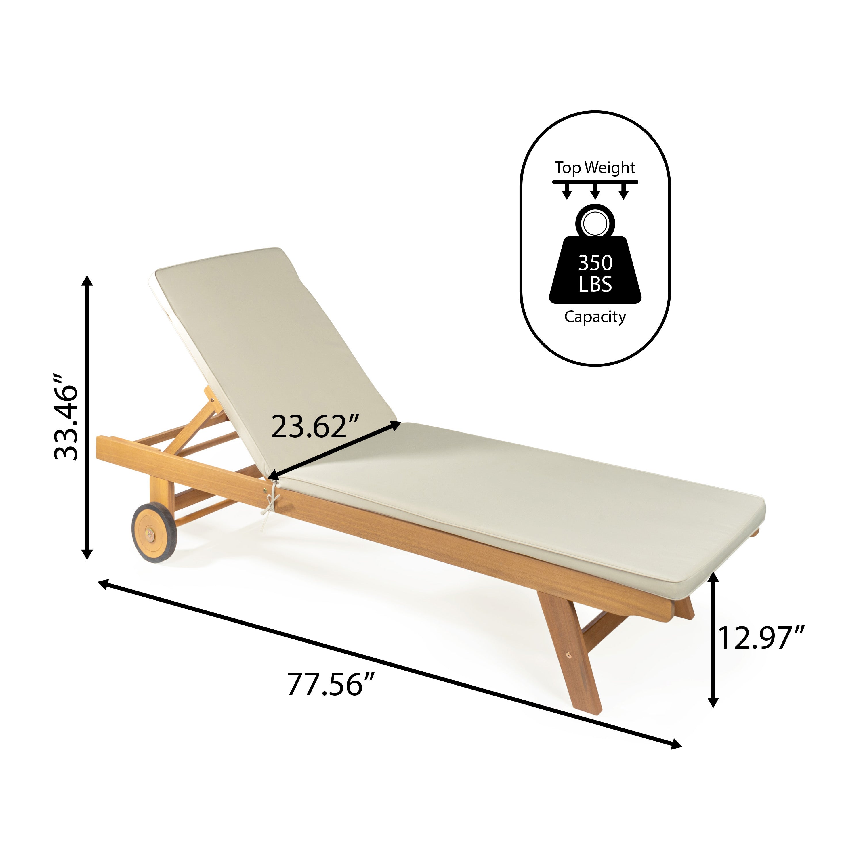 Mallorca Modern Classic Adjustable Acacia Wood Chaise Outdoor Lounge Chair with Cushion & Wheels