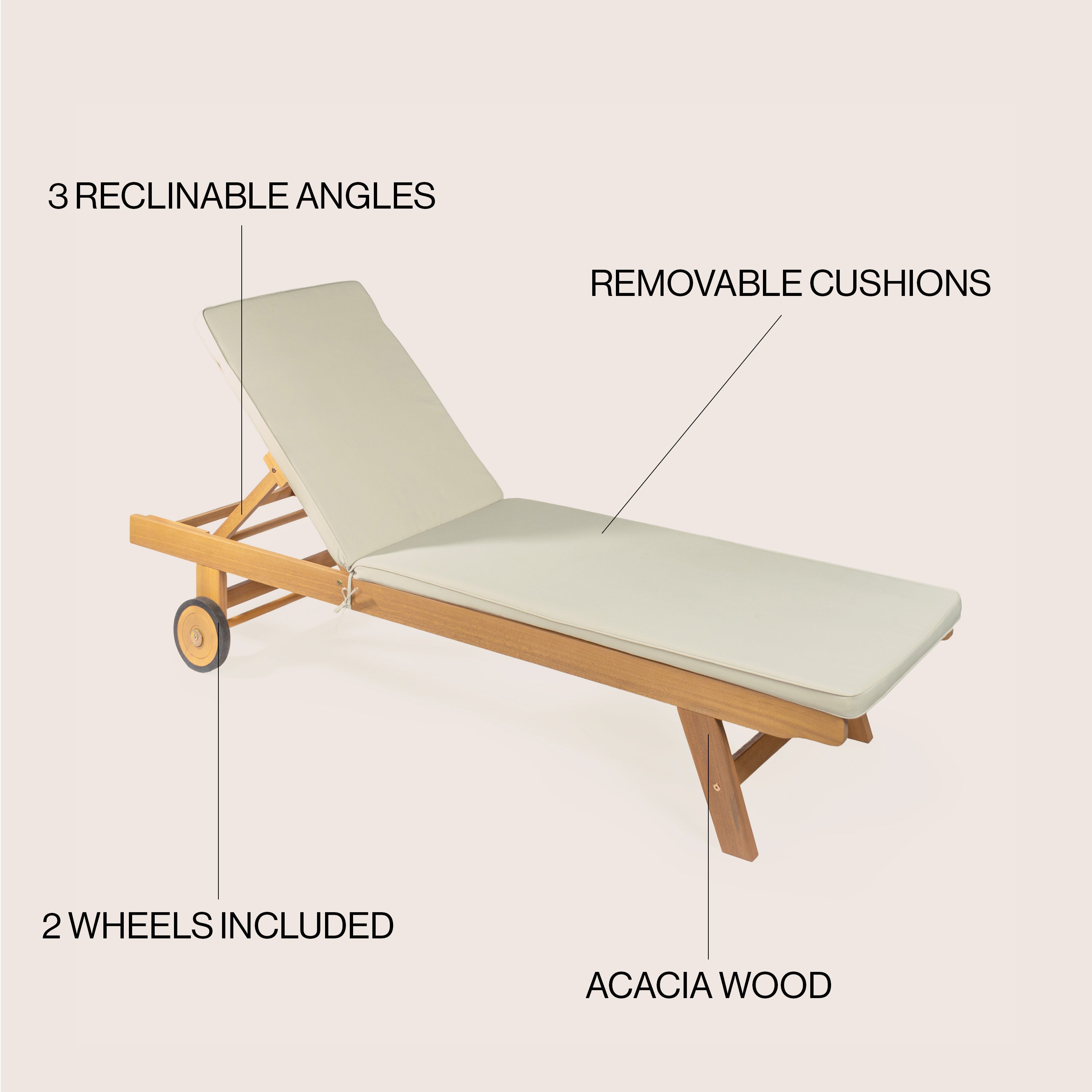 Mallorca Modern Classic Adjustable Acacia Wood Chaise Outdoor Lounge Chair with Cushion & Wheels