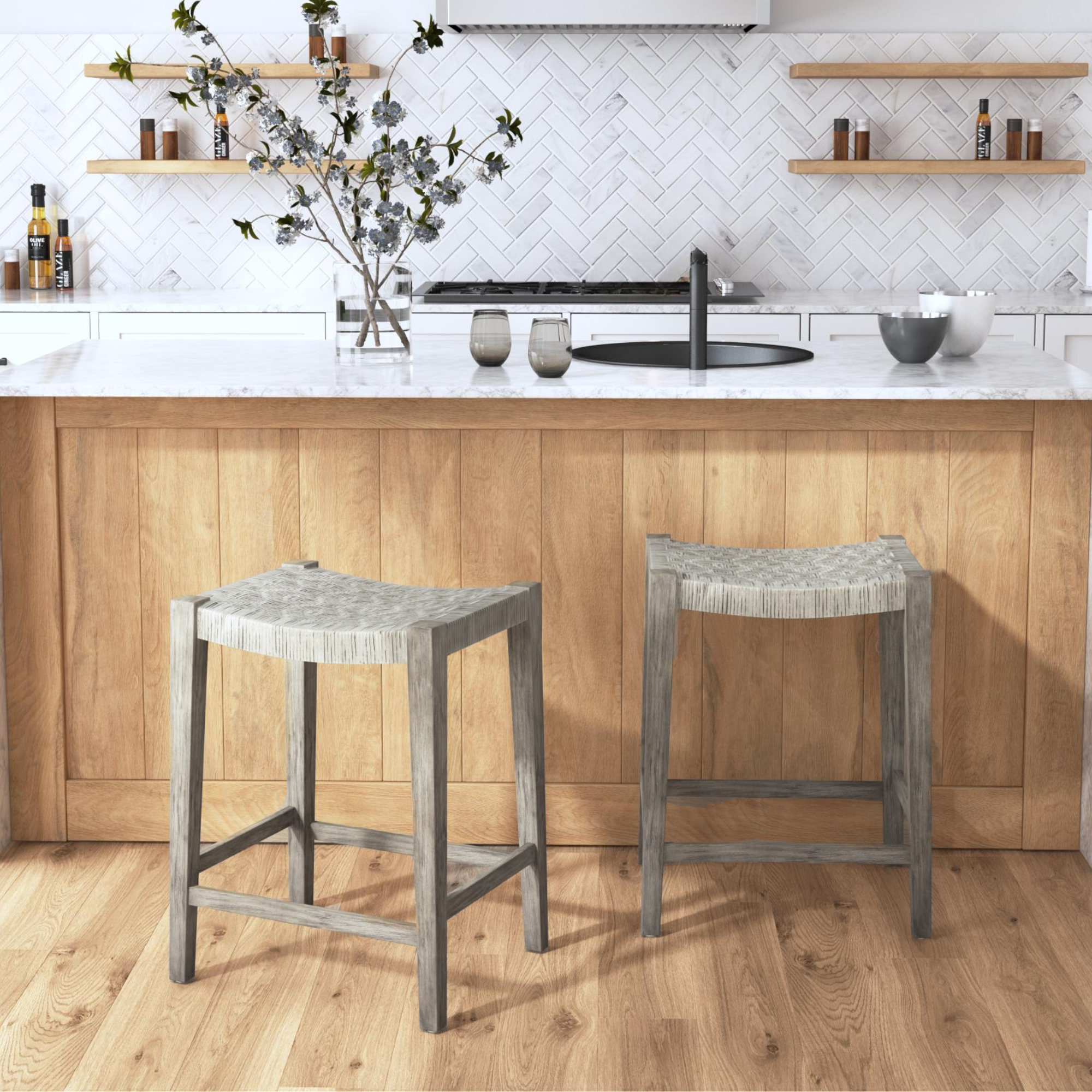 Javi Mahogany Wood and Rattan Seat Backless Counterstool, Set of 2