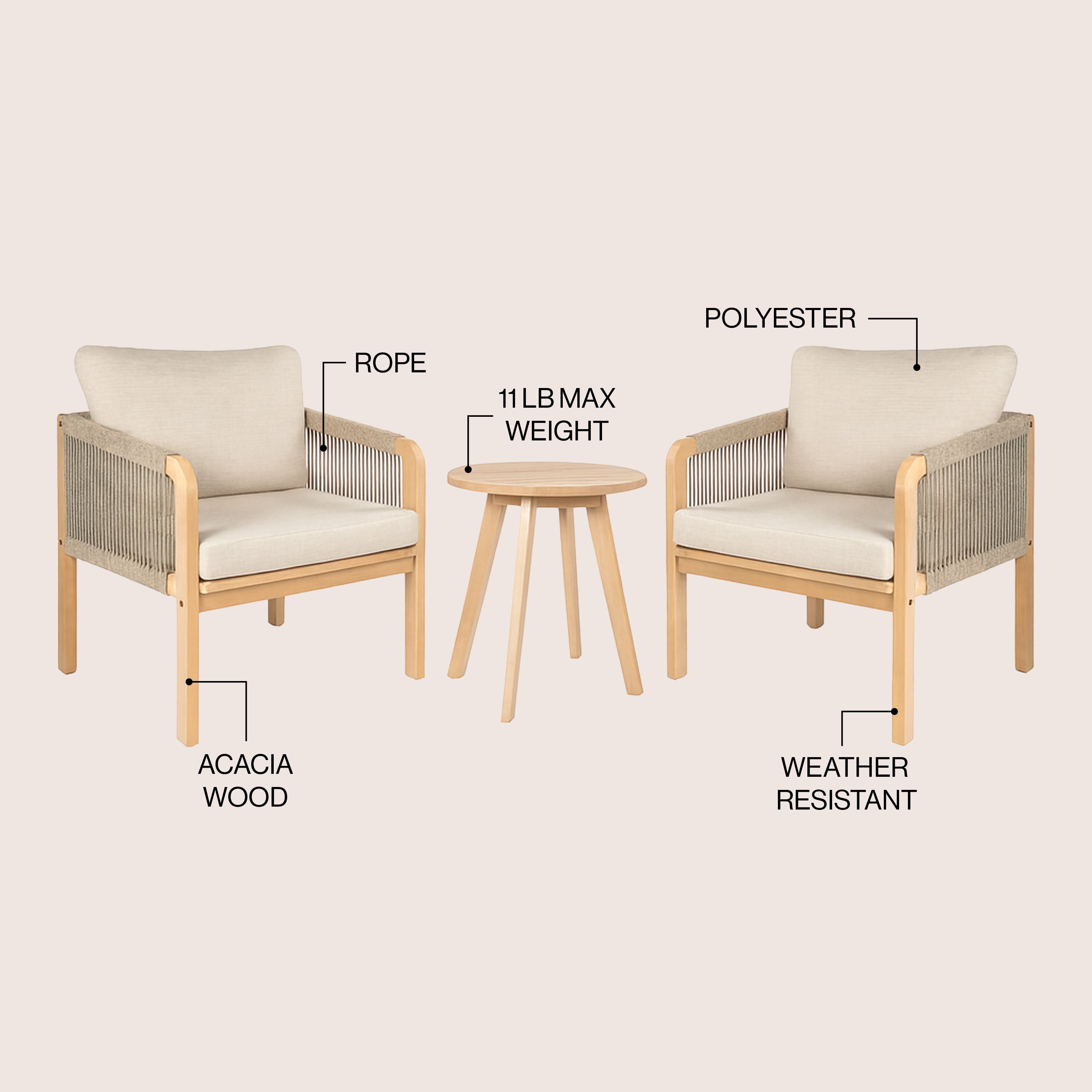 Aveiro 3-Piece Modern Bohemian Roped Round Acacia Wood Conversation Outdoor Patio Set with Cushions