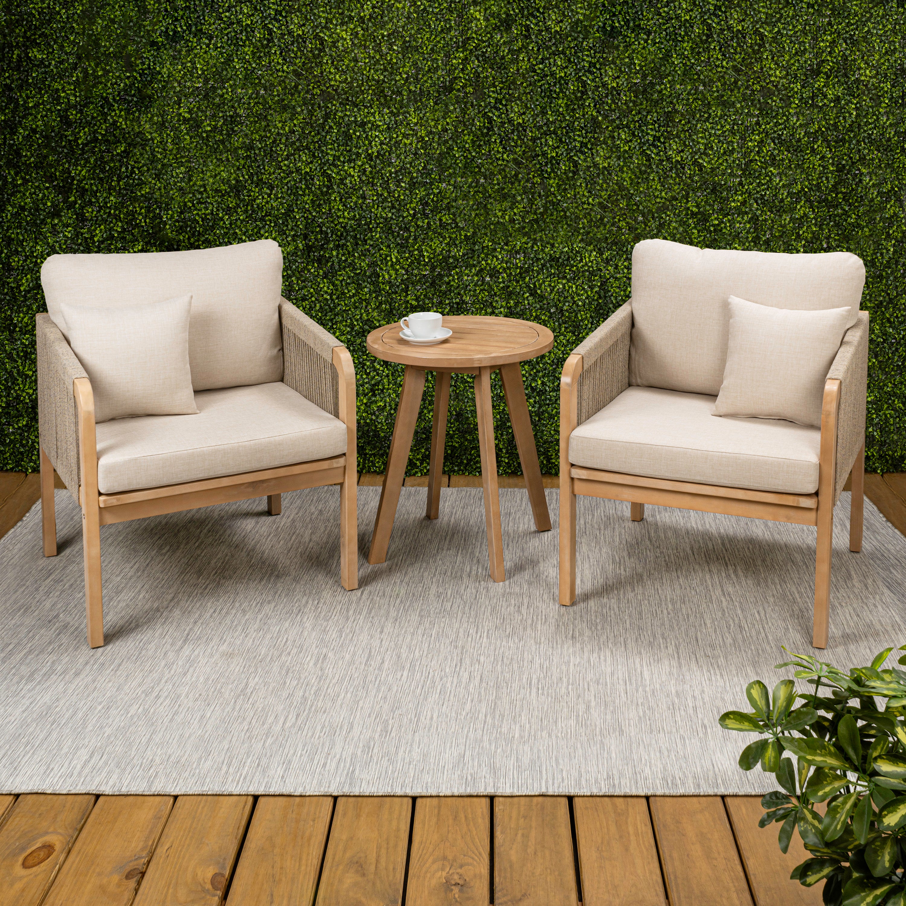 Aveiro 3-Piece Modern Bohemian Roped Round Acacia Wood Conversation Outdoor Patio Set with Cushions