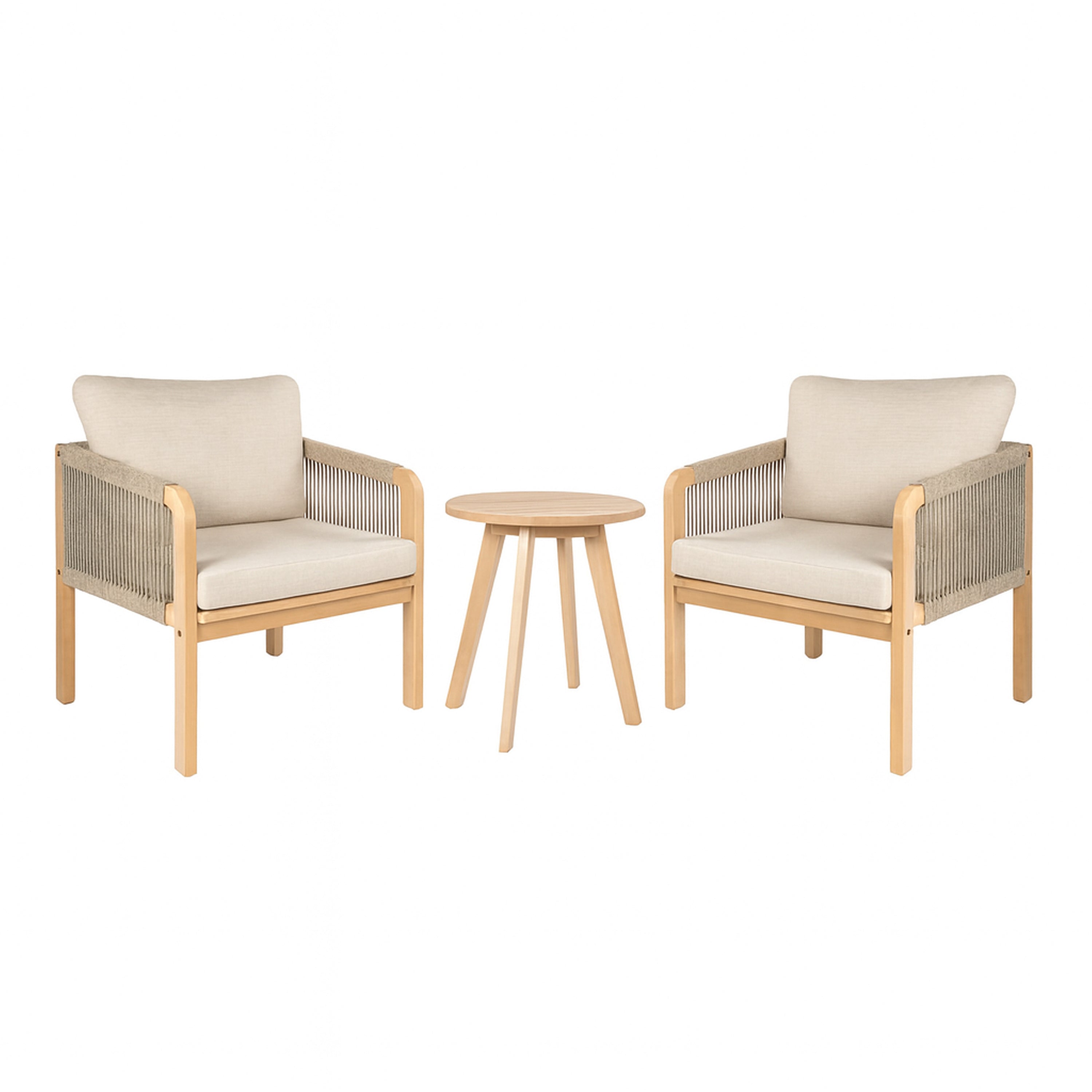 Aveiro 3-Piece Modern Bohemian Roped Round Acacia Wood Conversation Outdoor Patio Set with Cushions