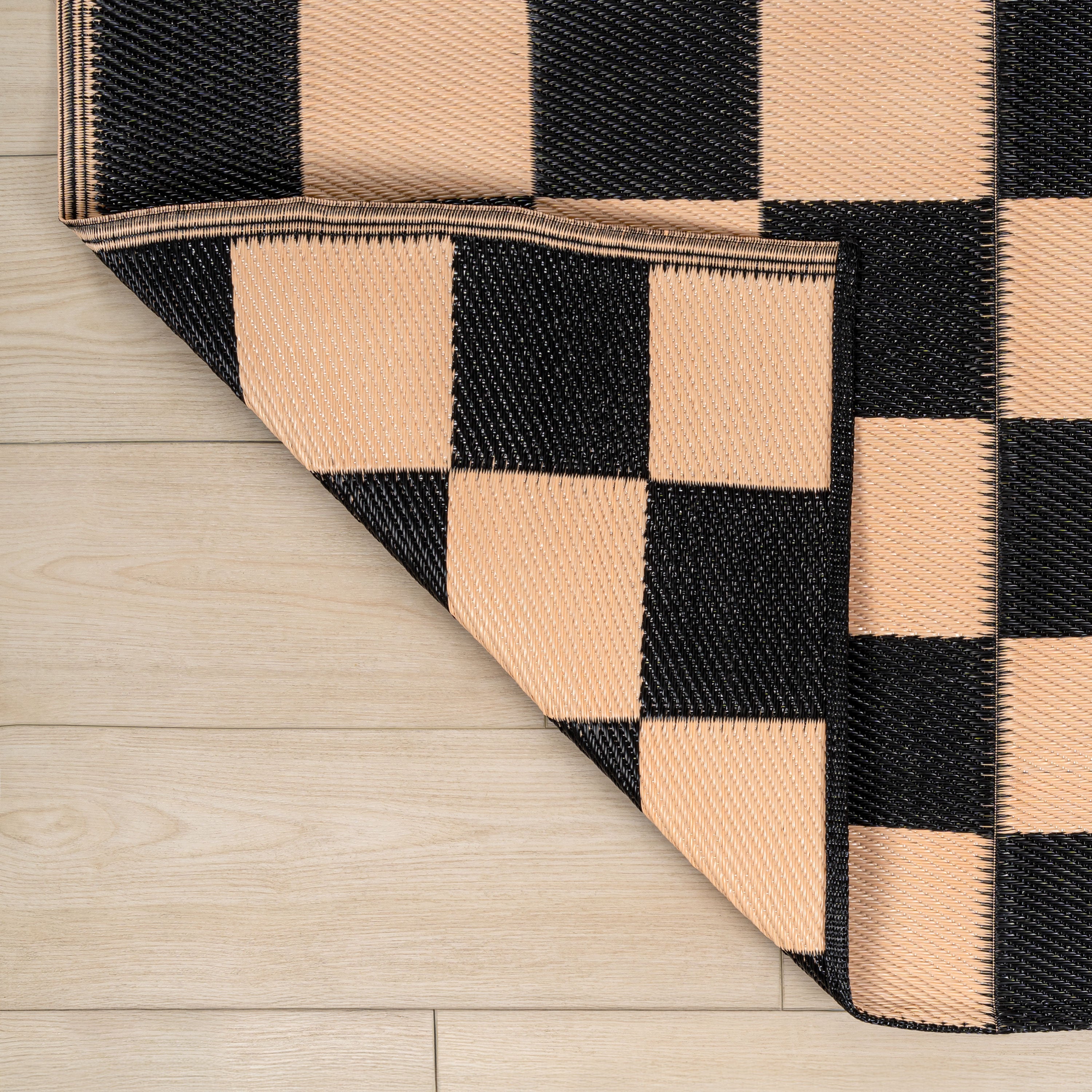 Bishop Geometric Checker Foldable Waterproof Reversible Plastic Straw Outdoor Rug