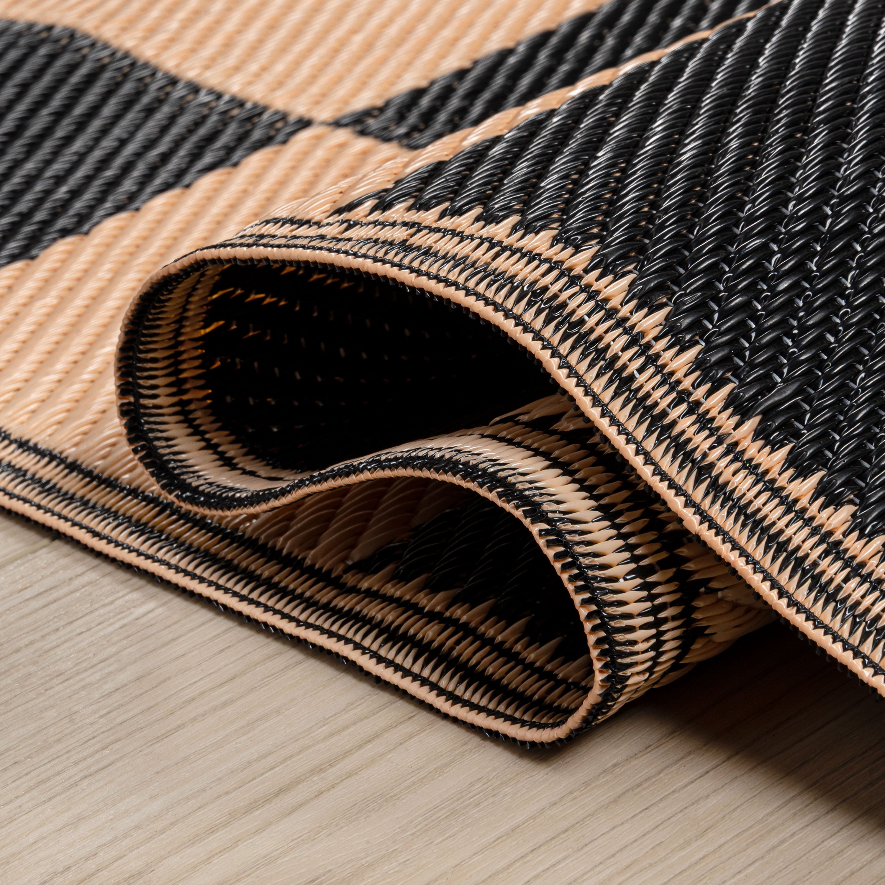 Bishop Geometric Checker Foldable Waterproof Reversible Plastic Straw Outdoor Rug
