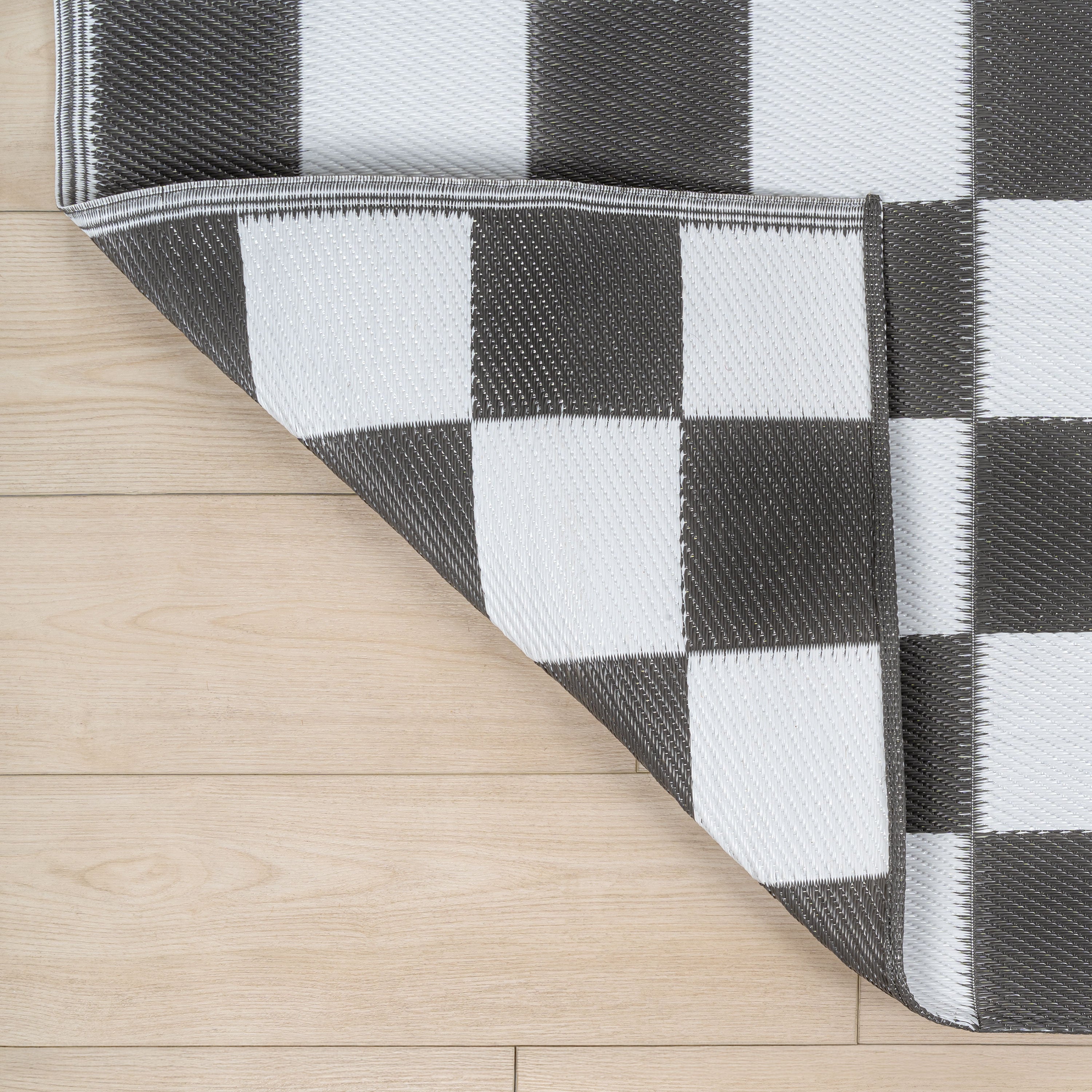 Bishop Geometric Checker Foldable Waterproof Reversible Plastic Straw Outdoor Rug