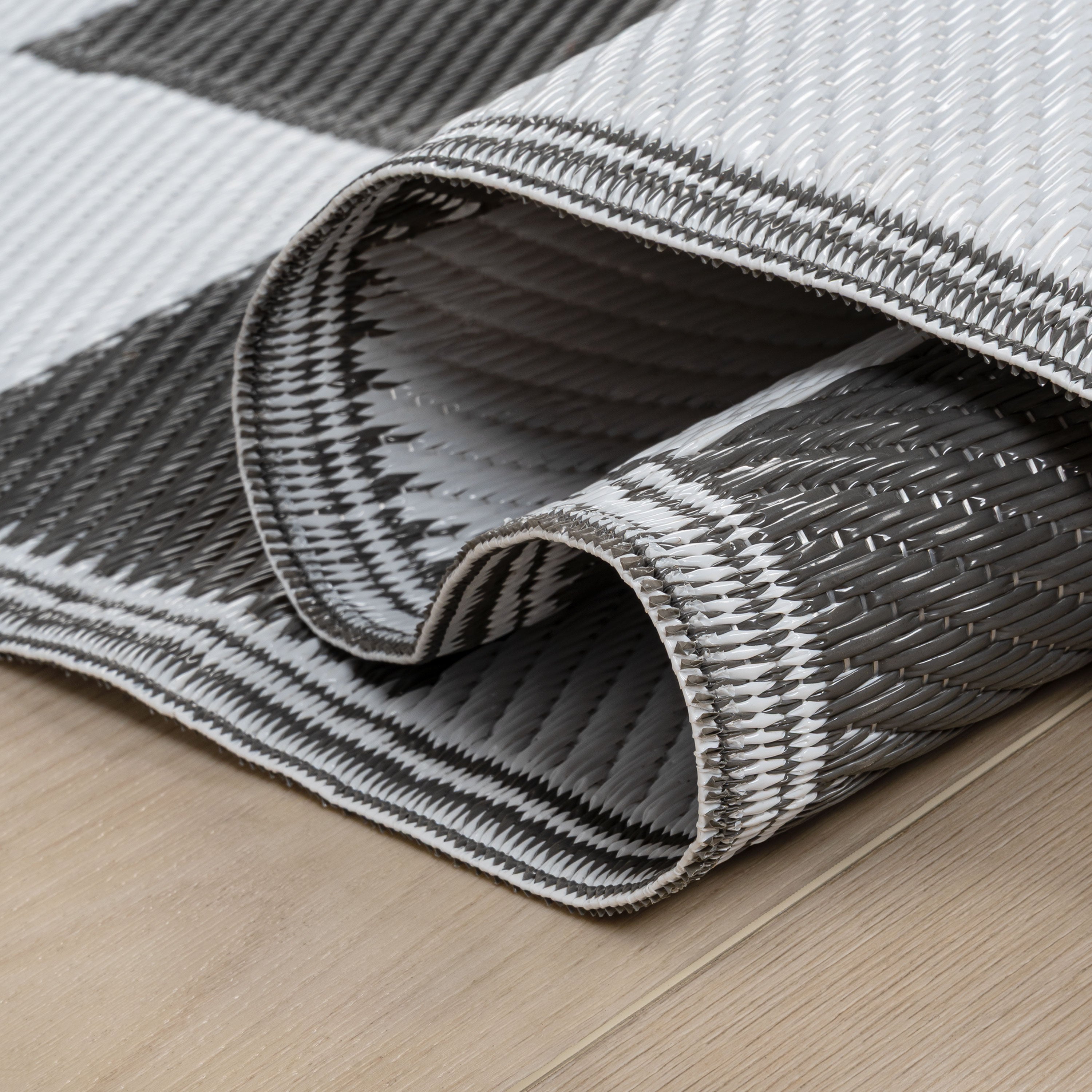 Bishop Geometric Checker Foldable Waterproof Reversible Plastic Straw Outdoor Rug