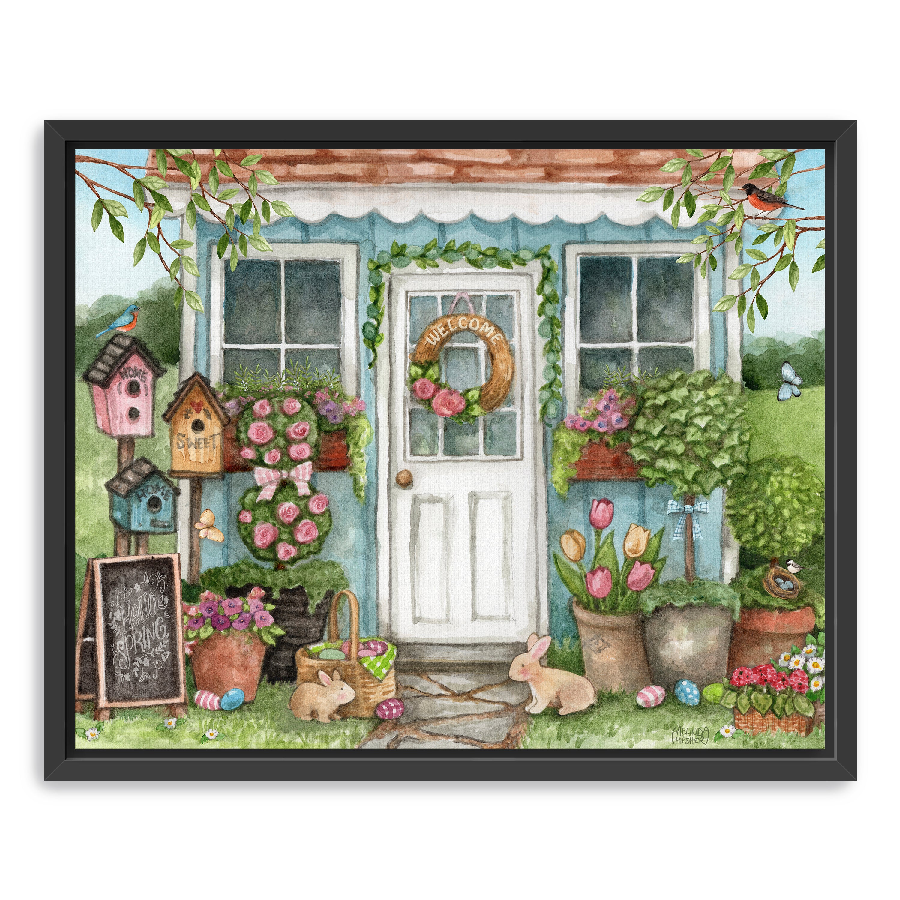 Blue Garden Shed Hello Spring Bunnies Canvas Giclee
