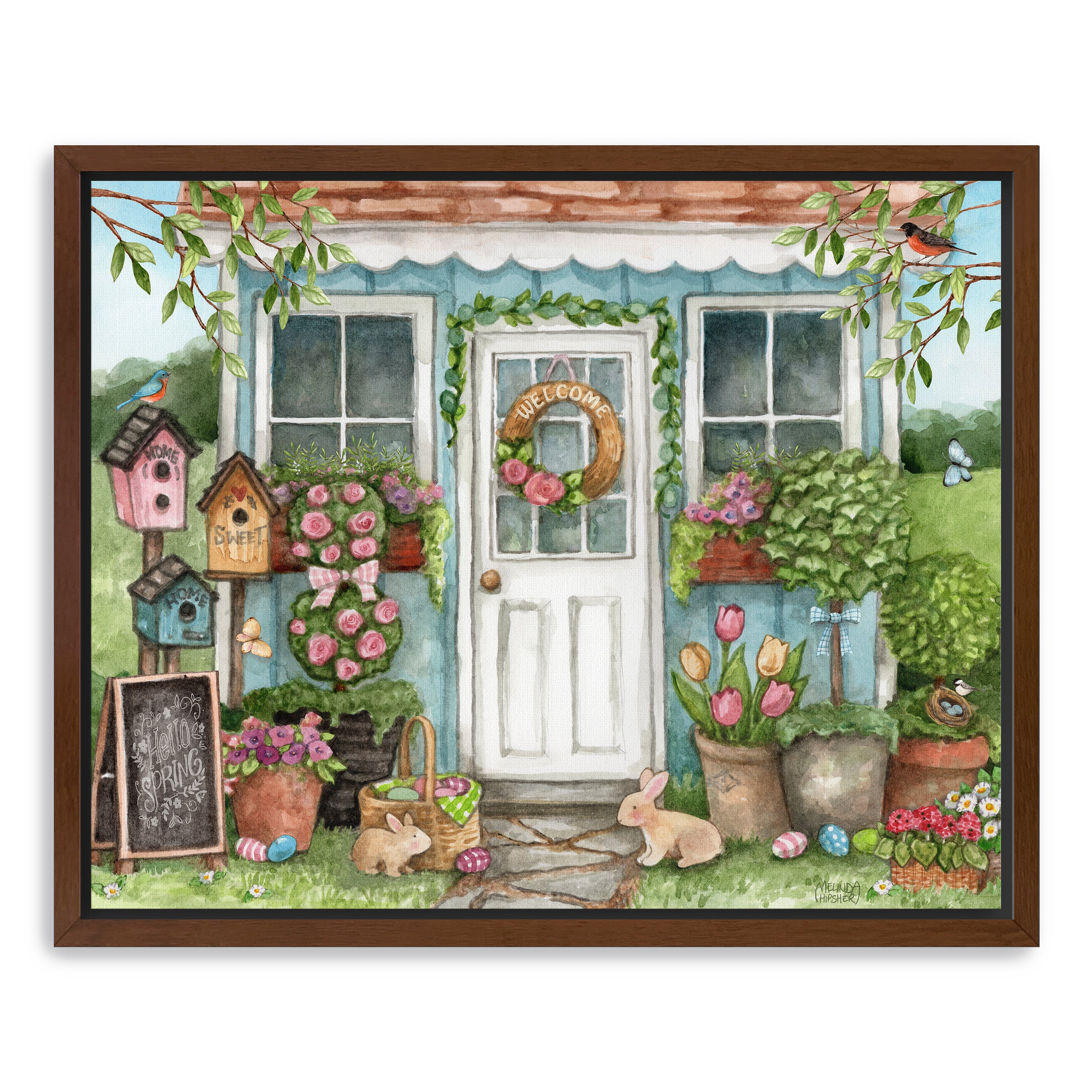 Blue Garden Shed Hello Spring Bunnies Canvas Giclee