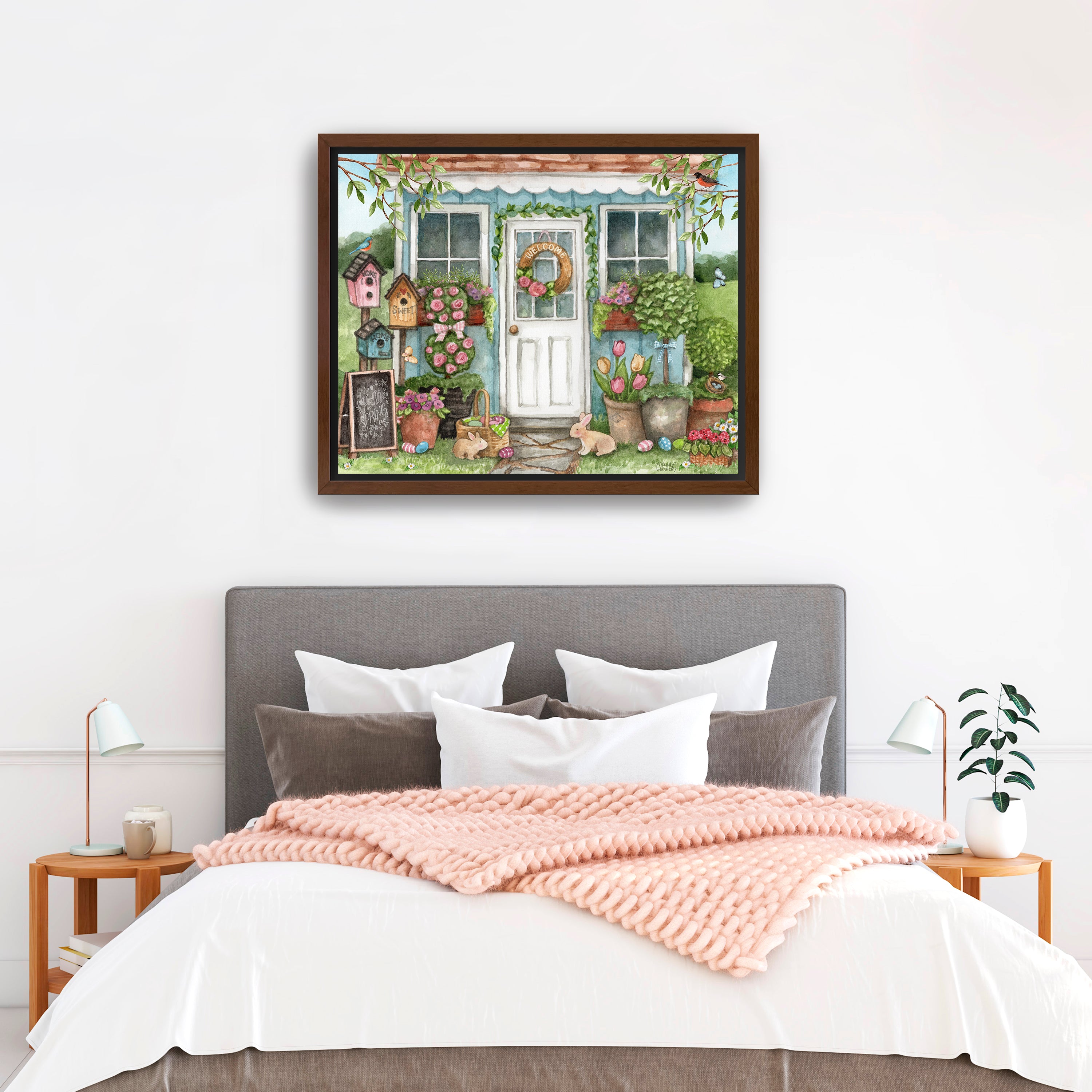 Blue Garden Shed Hello Spring Bunnies Canvas Giclee