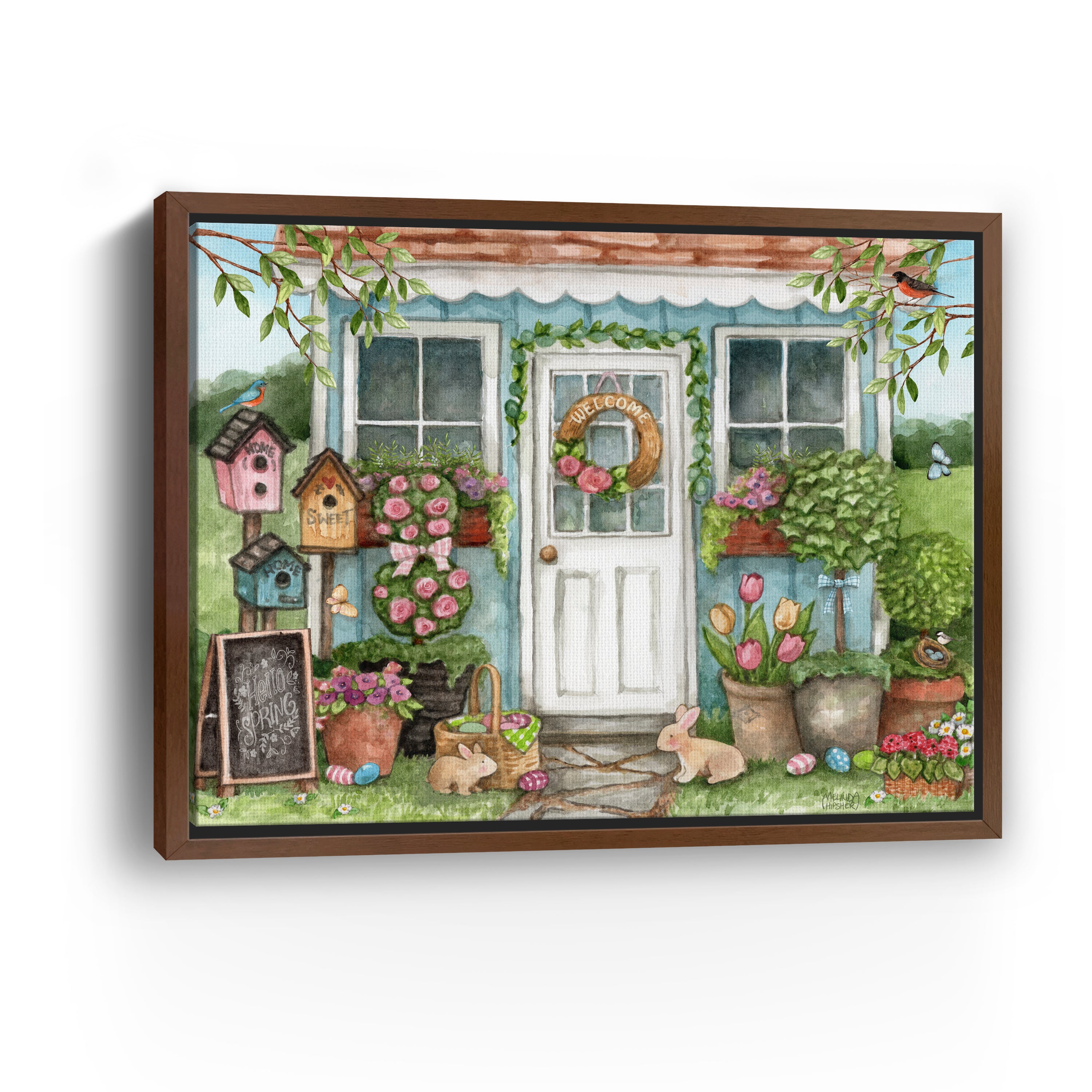 Blue Garden Shed Hello Spring Bunnies Canvas Giclee