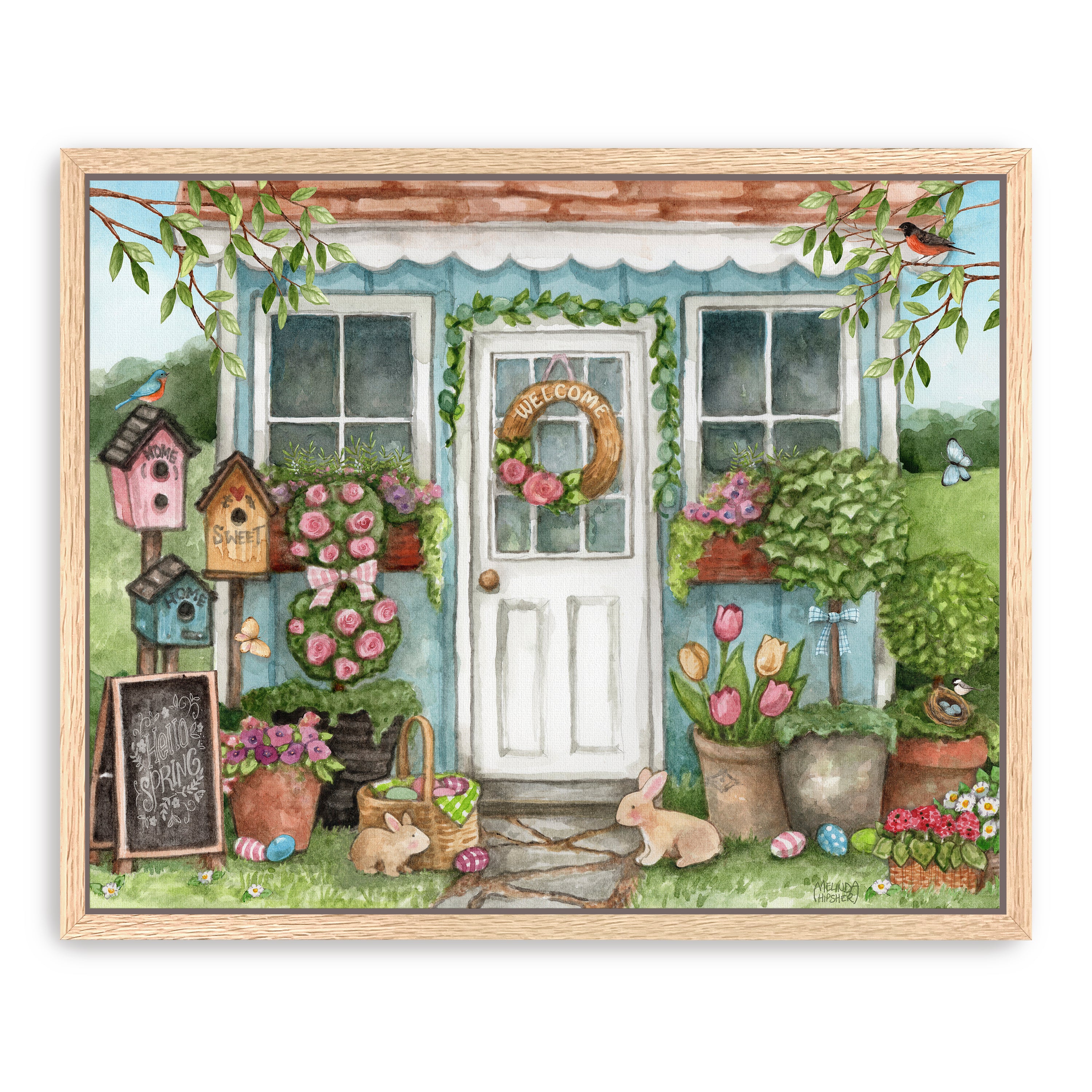 Blue Garden Shed Hello Spring Bunnies Canvas Giclee