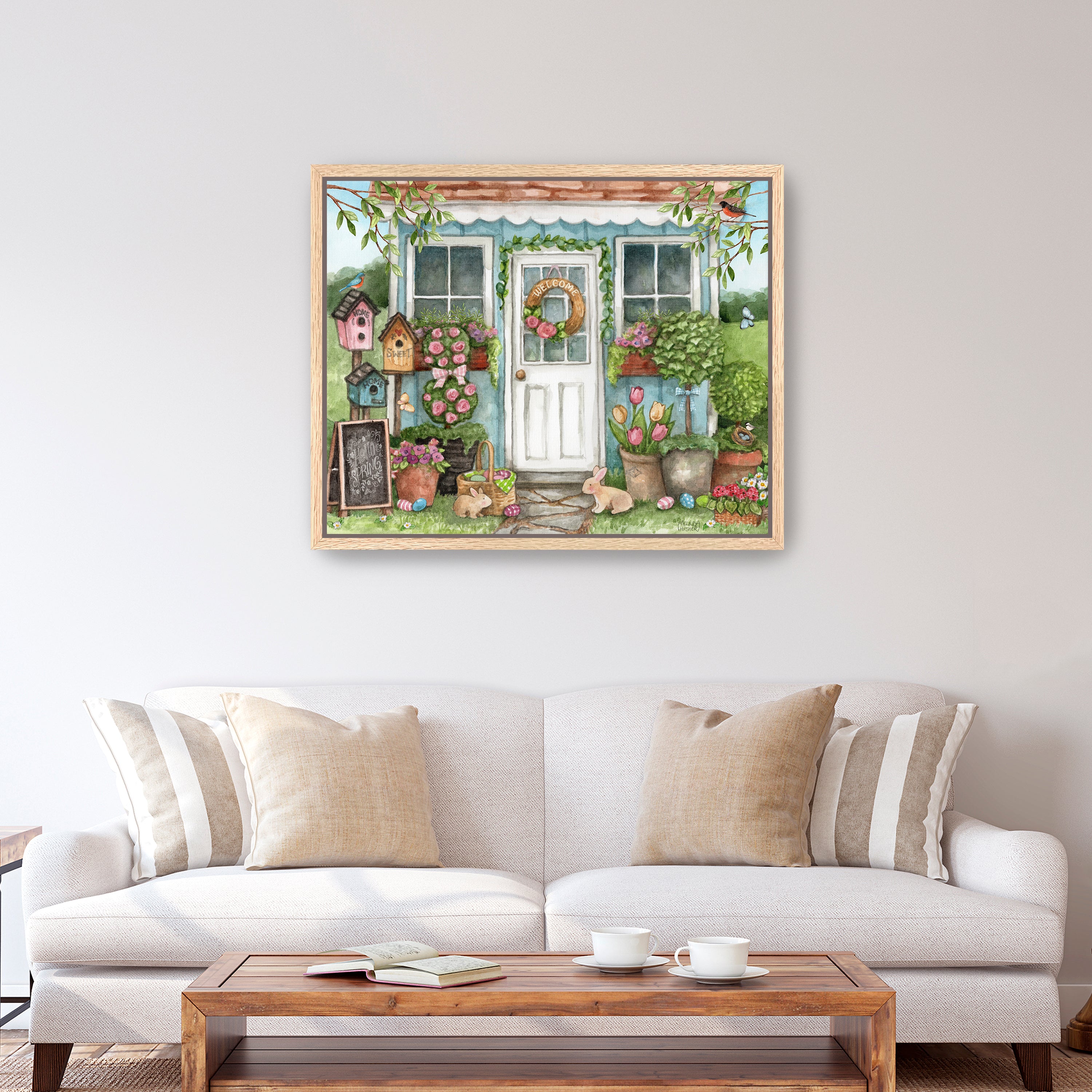 Blue Garden Shed Hello Spring Bunnies Canvas Giclee