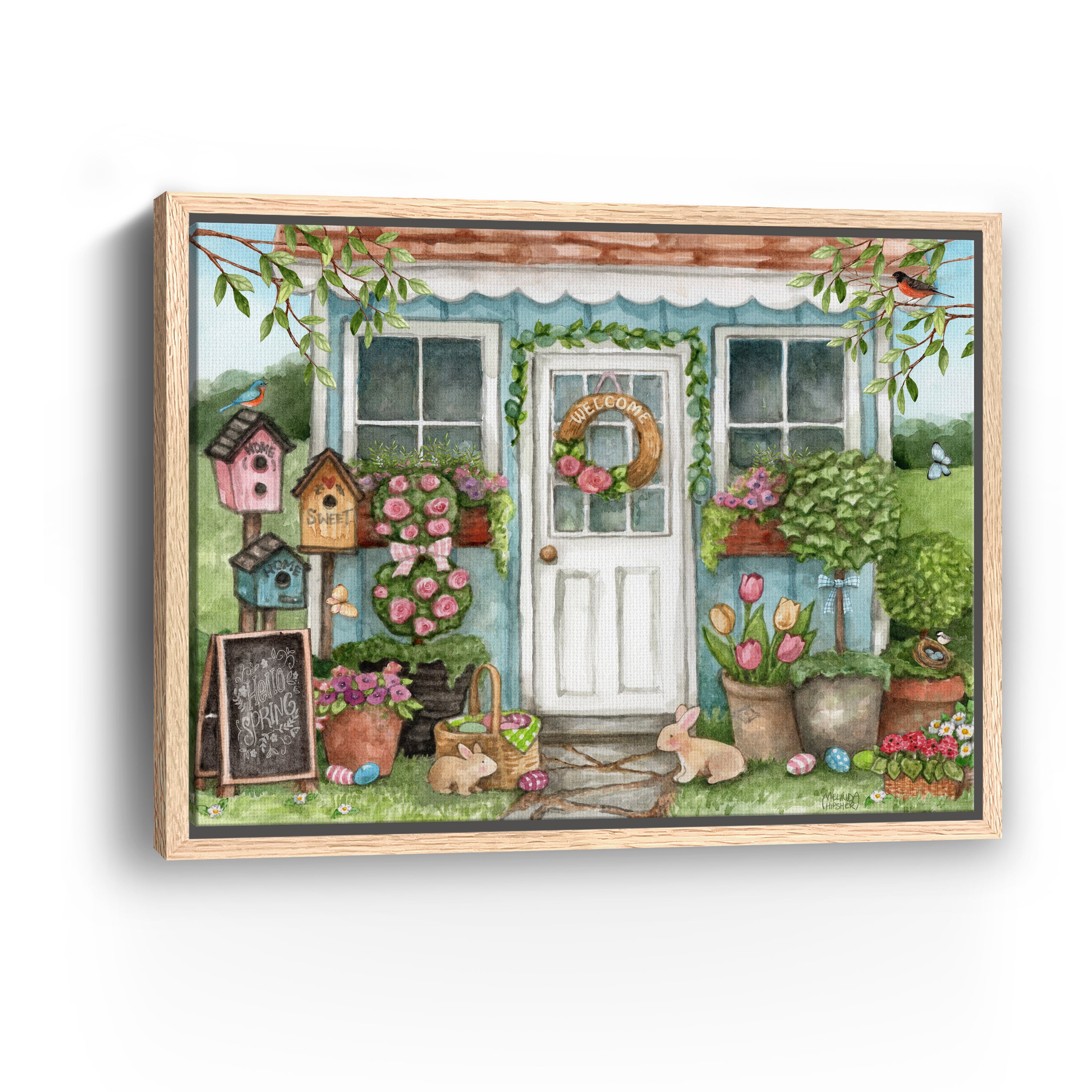 Blue Garden Shed Hello Spring Bunnies Canvas Giclee