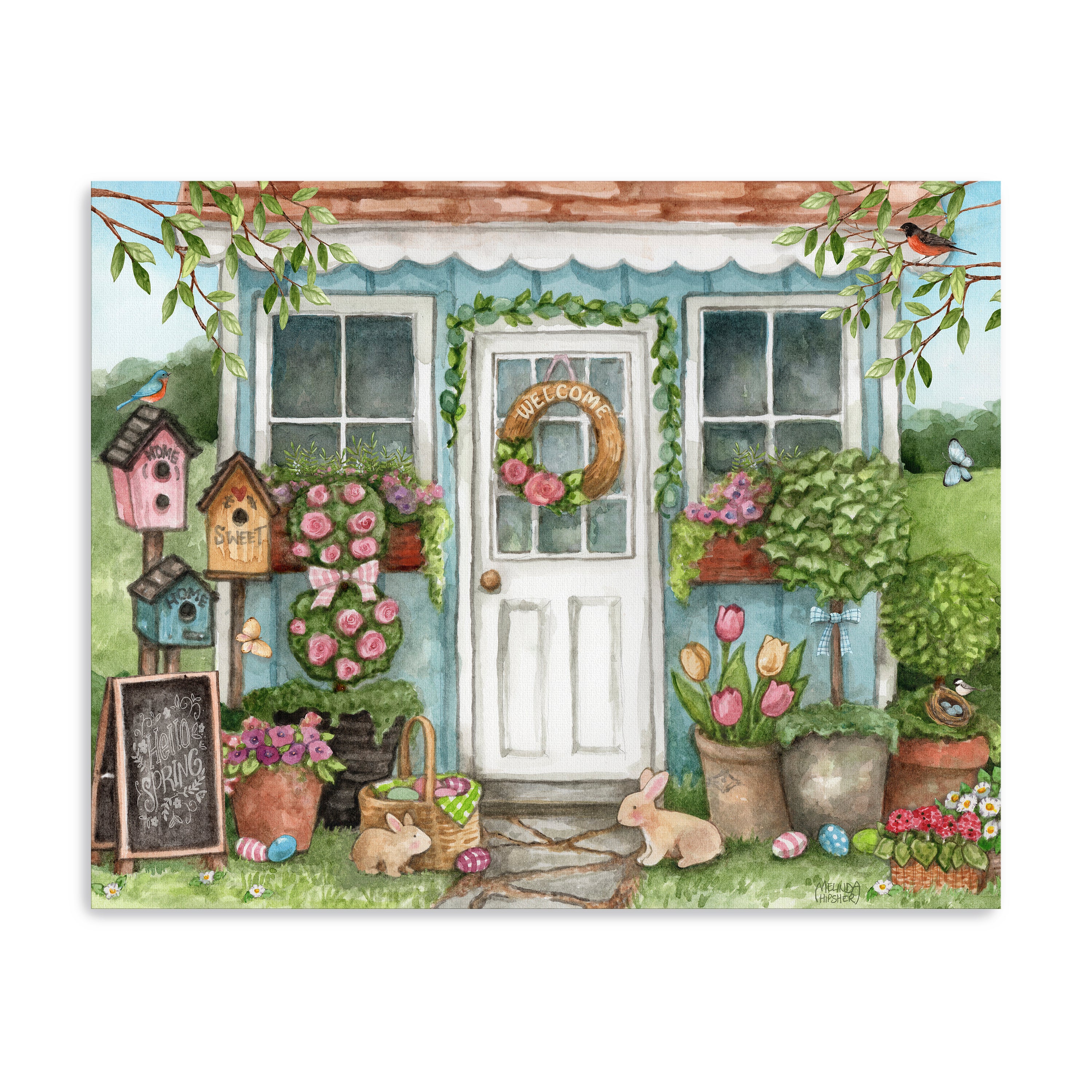 Blue Garden Shed Hello Spring Bunnies Canvas Giclee