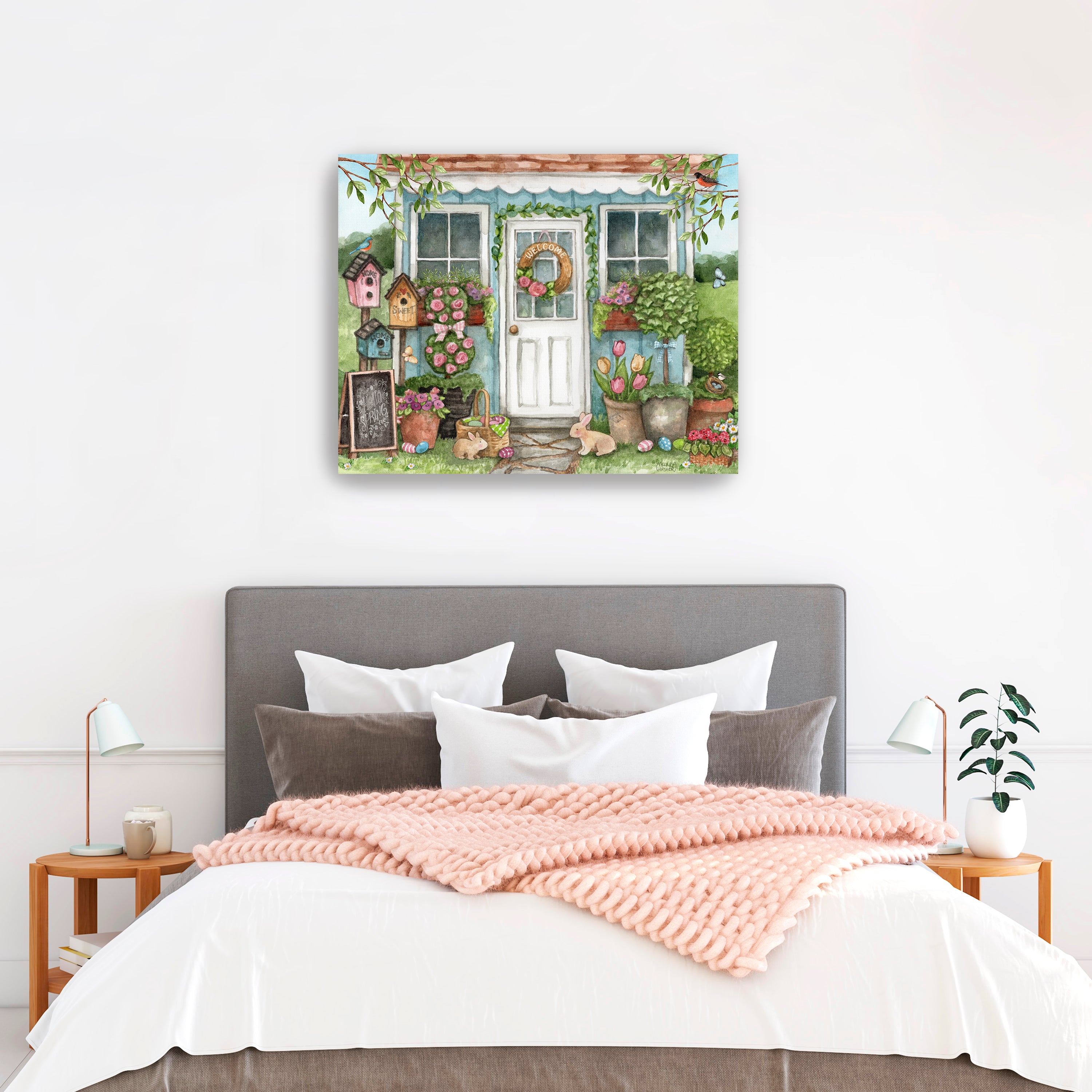Blue Garden Shed Hello Spring Bunnies Canvas Giclee