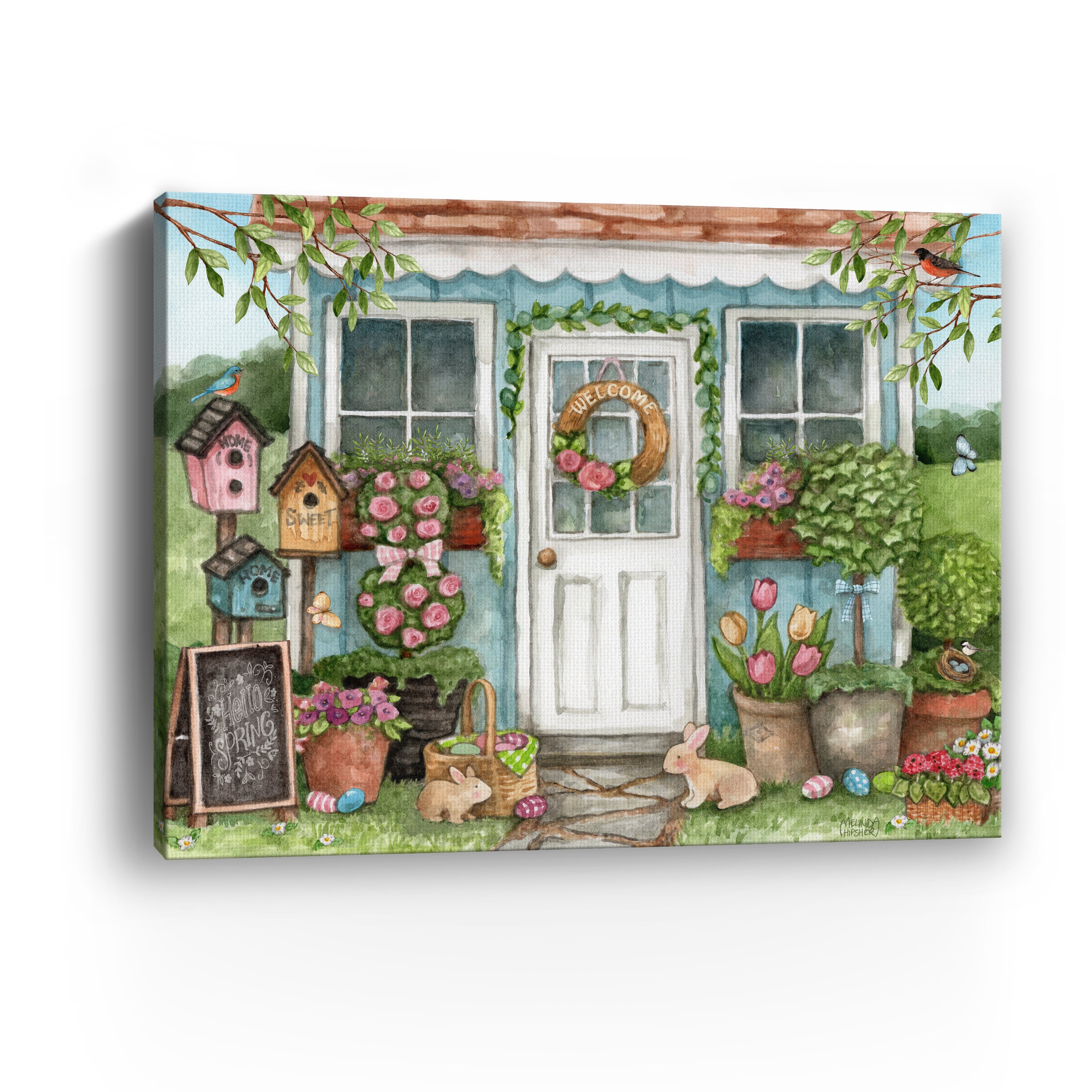 Blue Garden Shed Hello Spring Bunnies Canvas Giclee