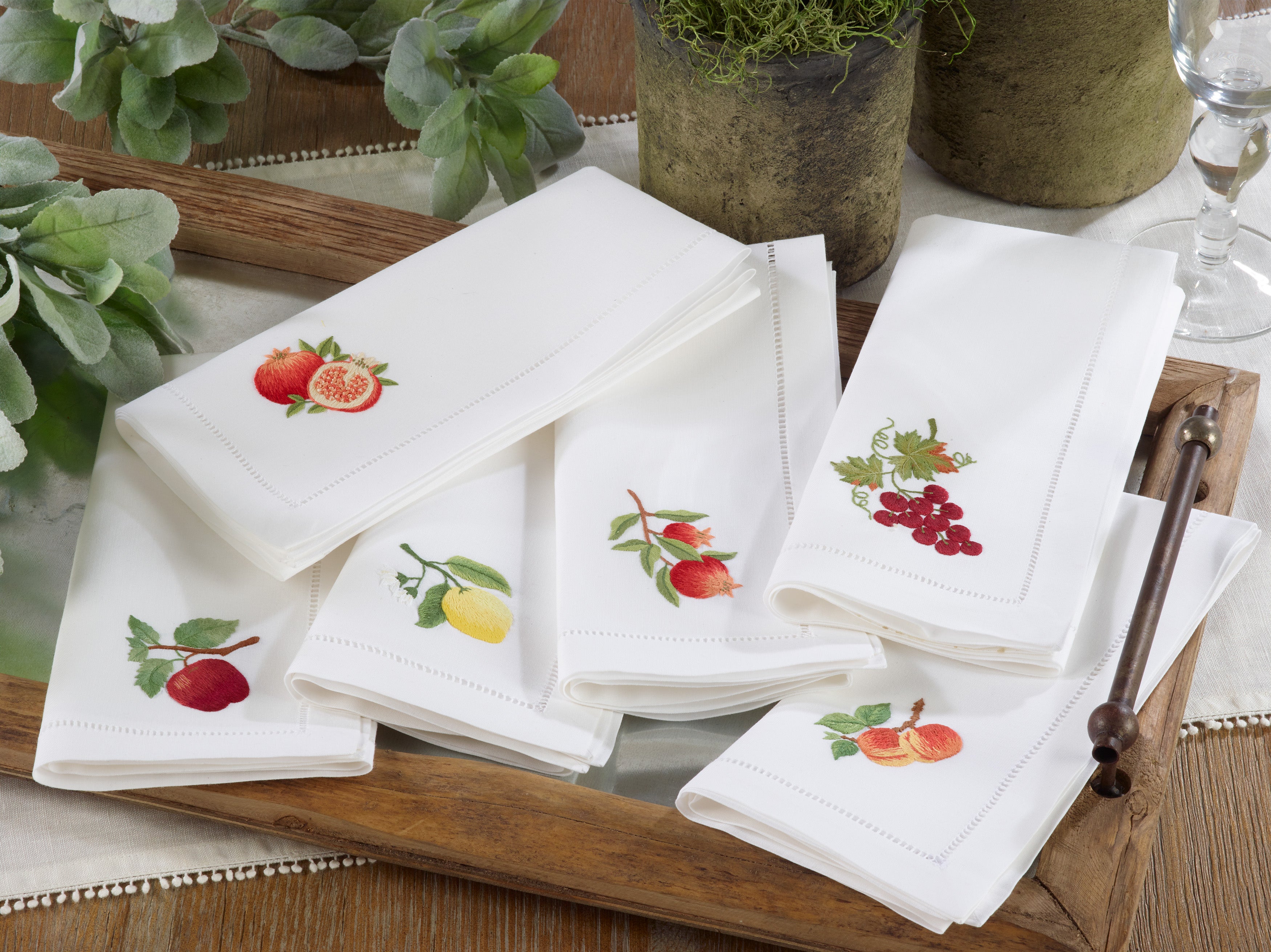 Hemstitch Table Napkin With Embroidered Lemon Design, Set of 6