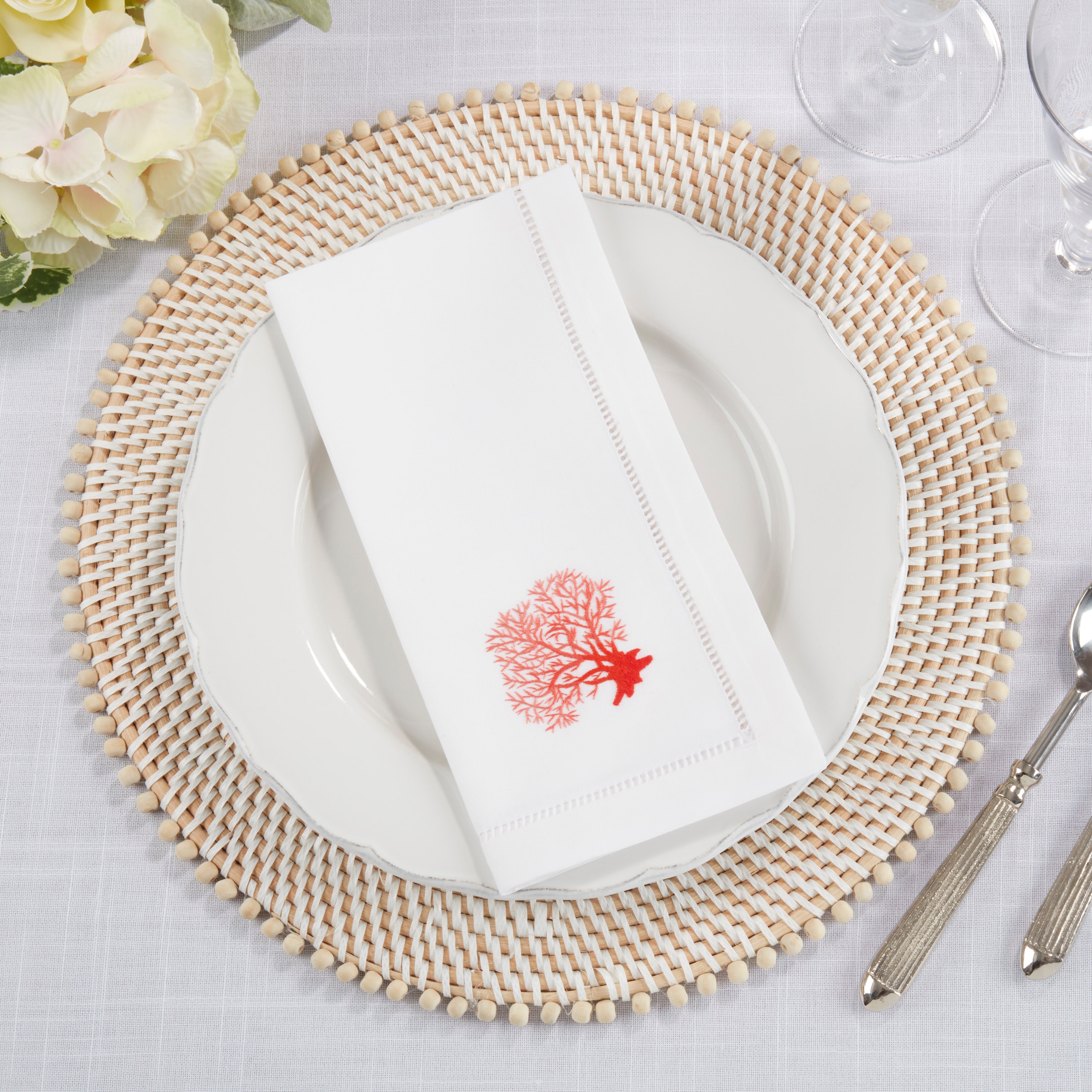Handmade Coral Embroidery Napkins with Hemstitched Border, Set of 6