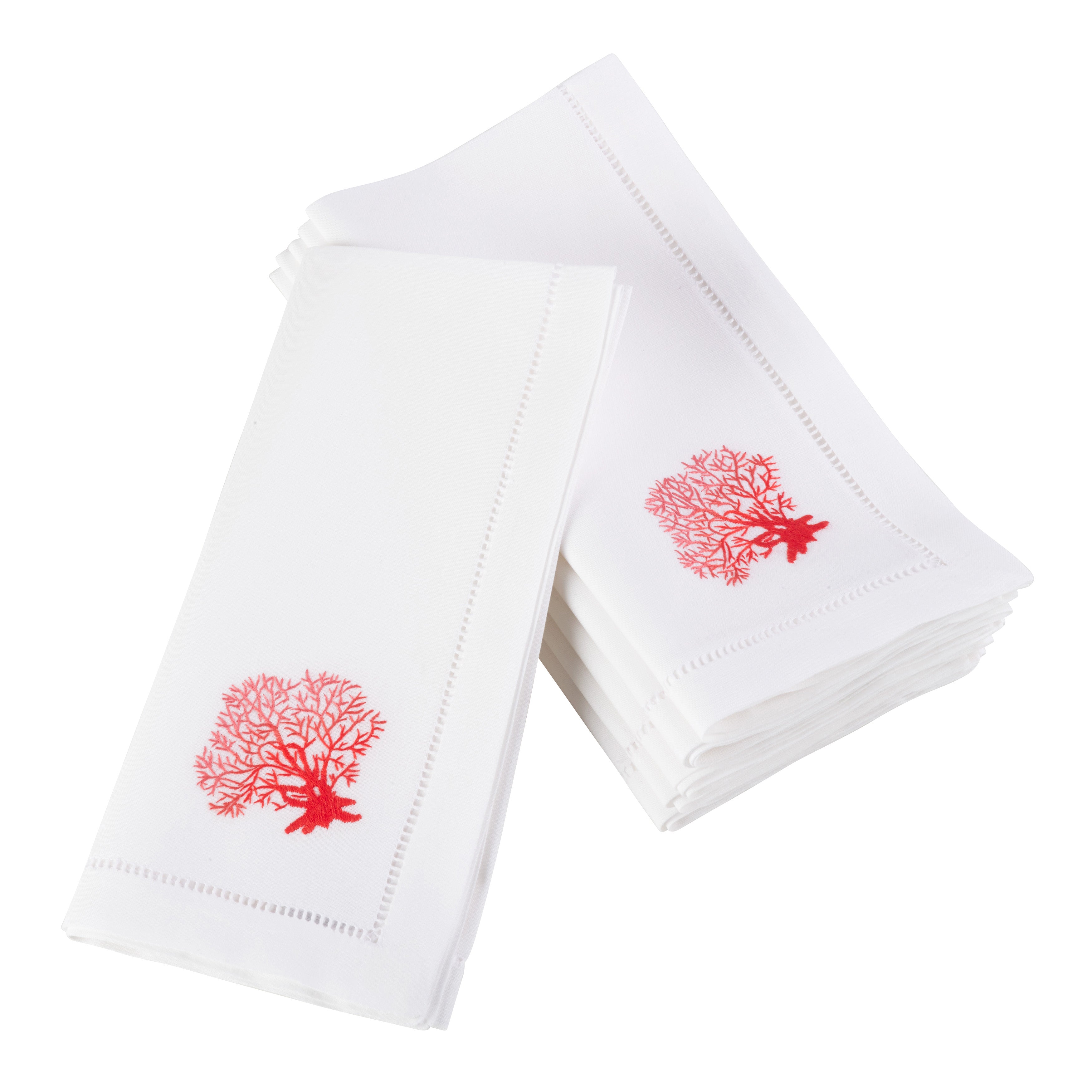 Handmade Coral Embroidery Napkins with Hemstitched Border, Set of 6