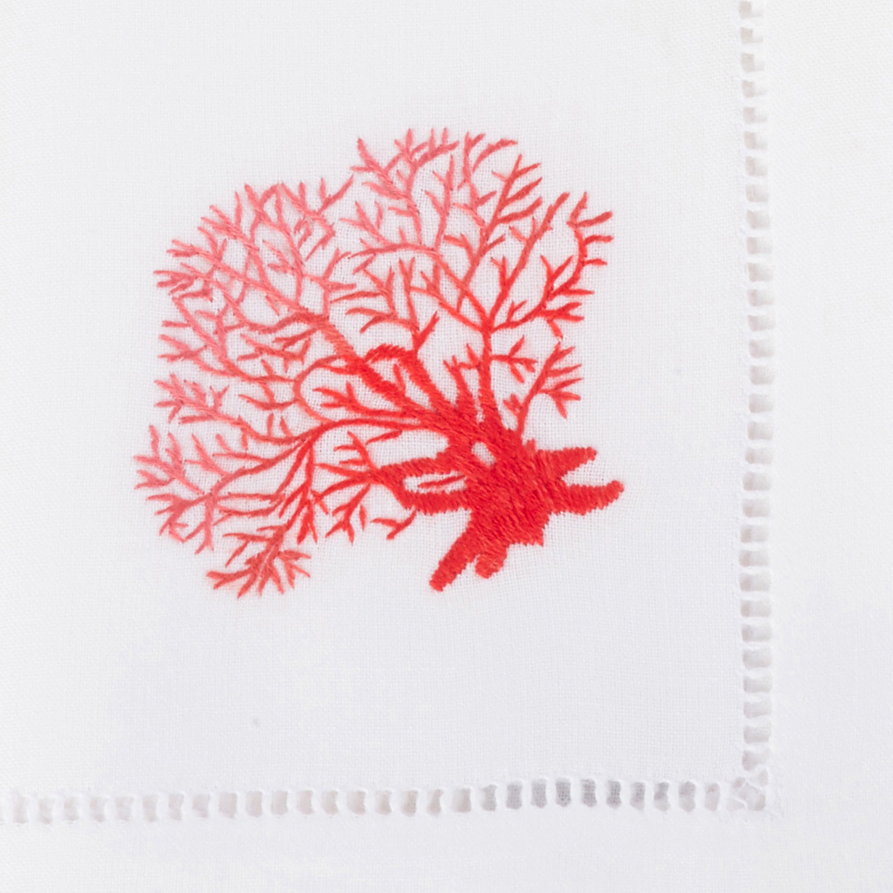 Handmade Coral Embroidery Napkins with Hemstitched Border, Set of 6