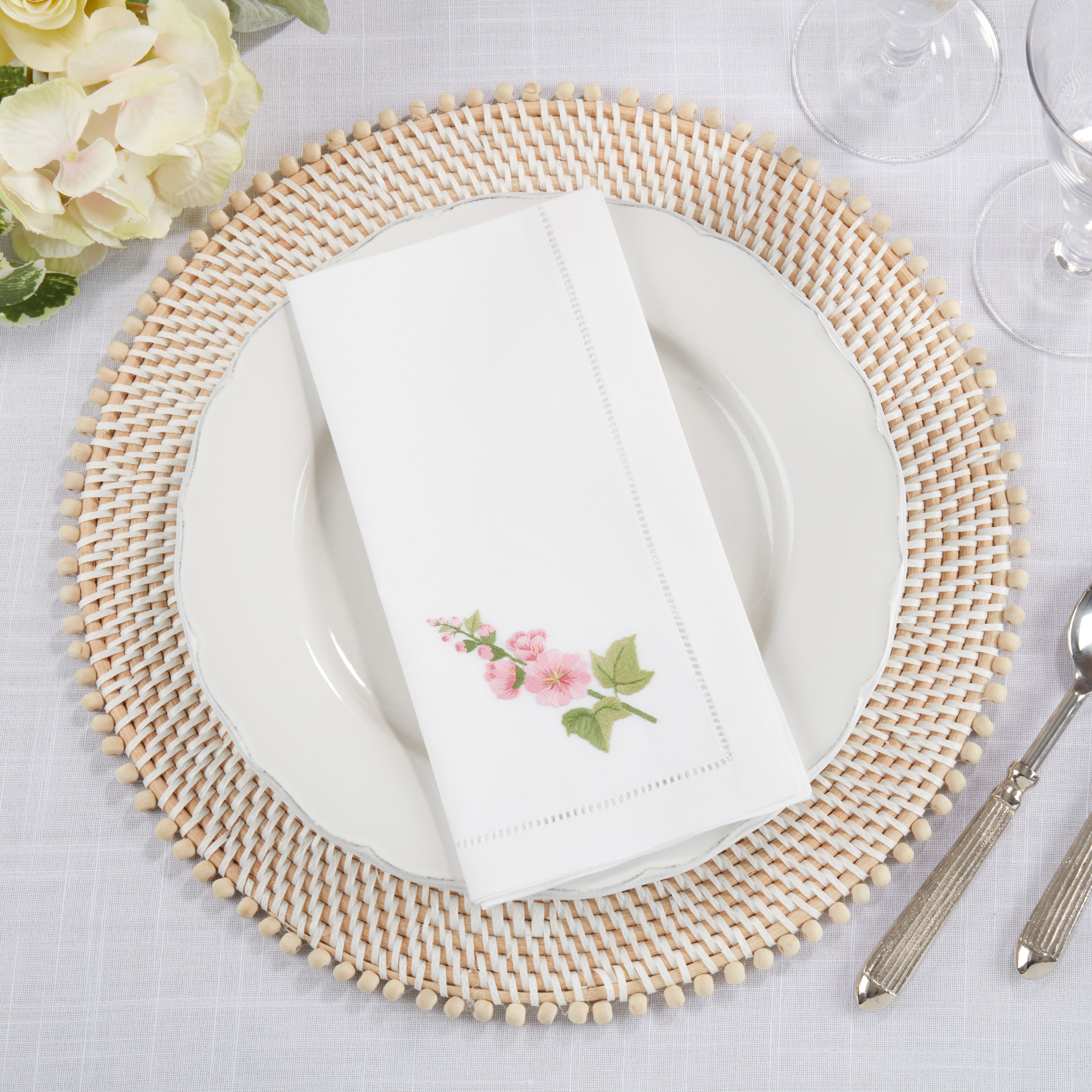Handmade Hollyhock Embroidery Napkins with Hemstitched Border, Set of 6