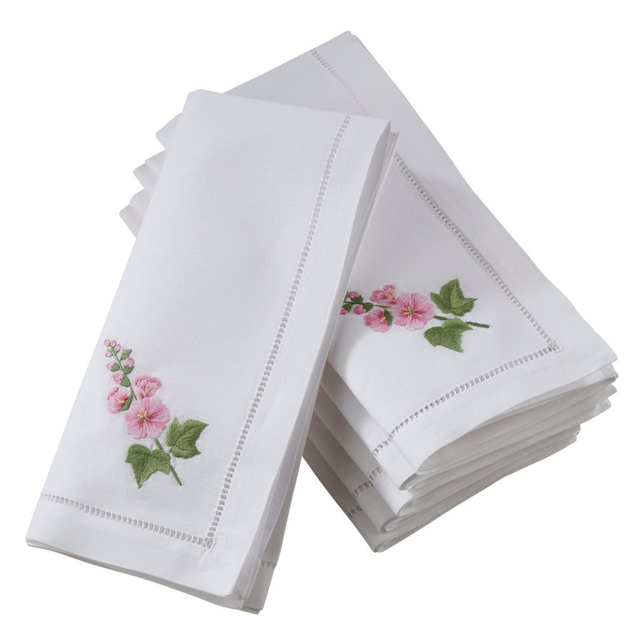 Handmade Hollyhock Embroidery Napkins with Hemstitched Border, Set of 6