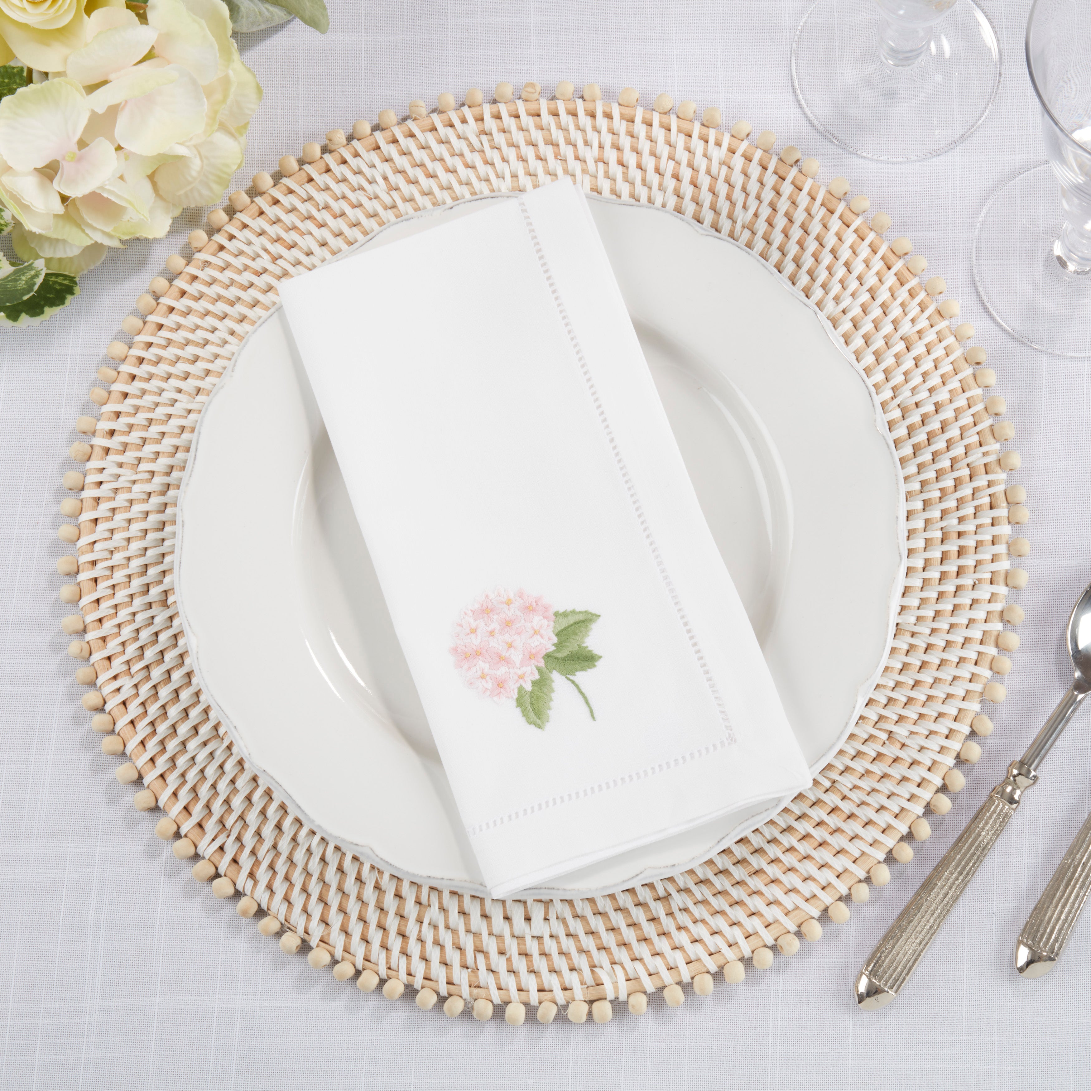 Handmade Hydrangea Embroidery Napkins with Hemstitched Border, Set of 6