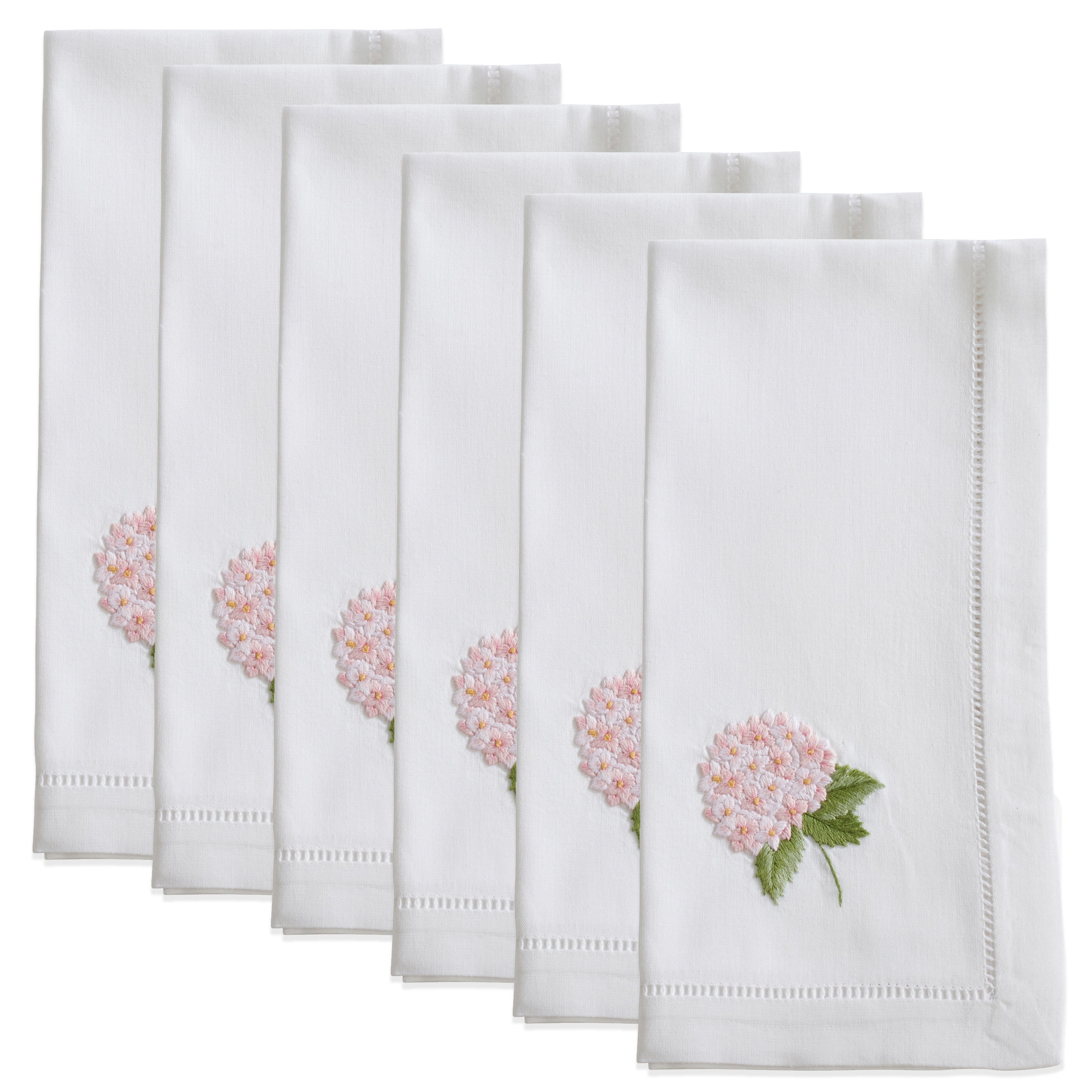 Handmade Hydrangea Embroidery Napkins with Hemstitched Border, Set of 6