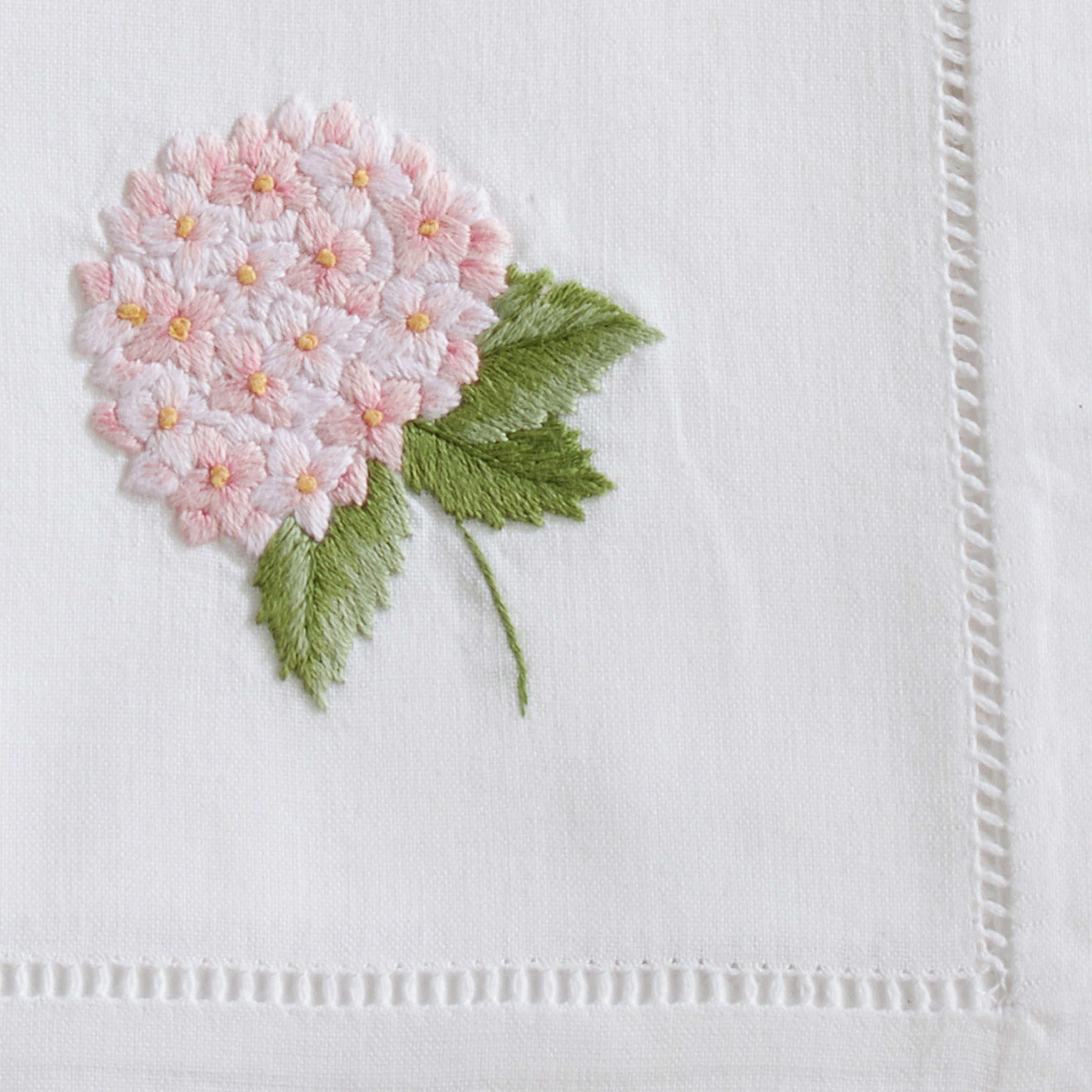 Handmade Hydrangea Embroidery Napkins with Hemstitched Border, Set of 6