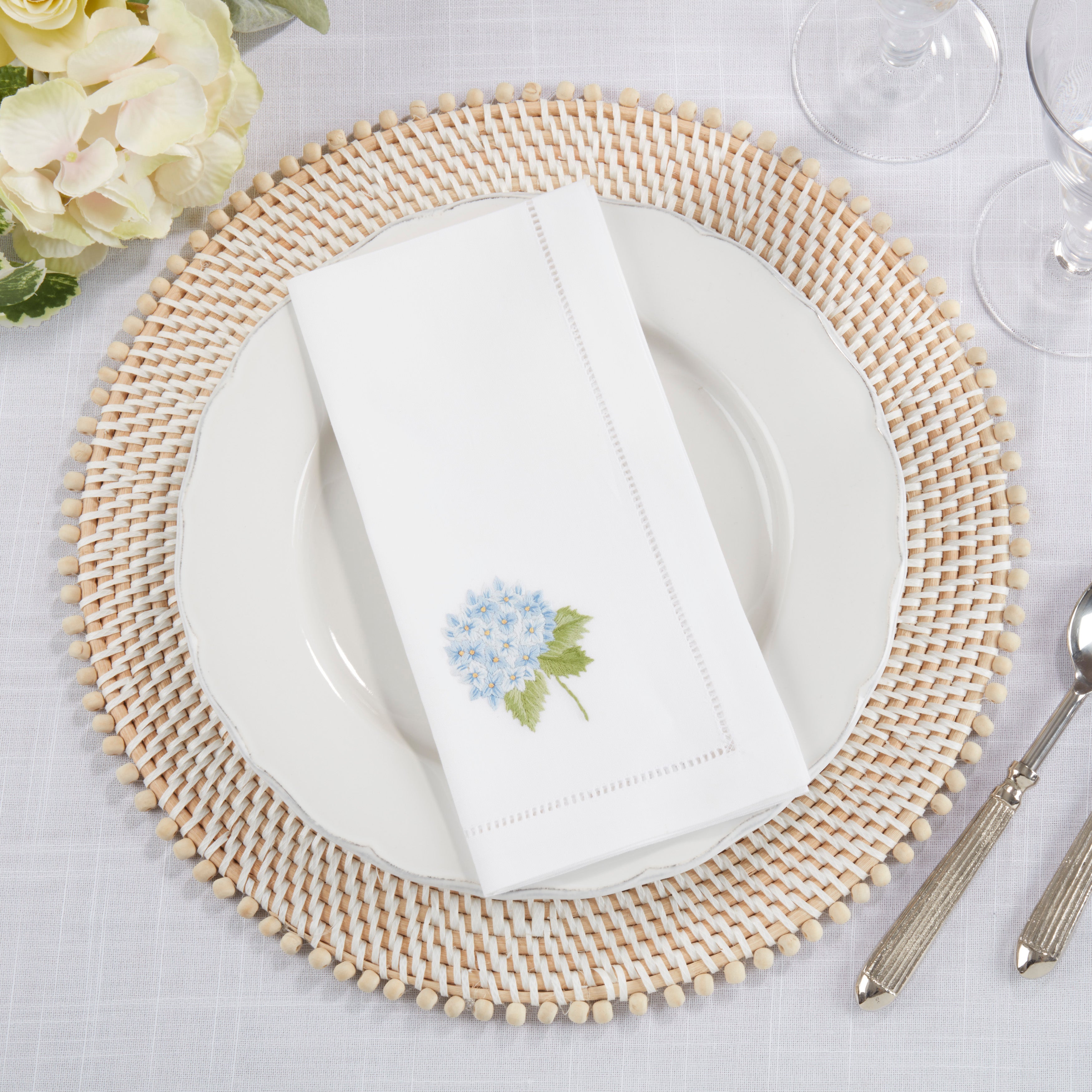 Handmade Hydrangea Embroidery Napkins with Hemstitched Border, Set of 6