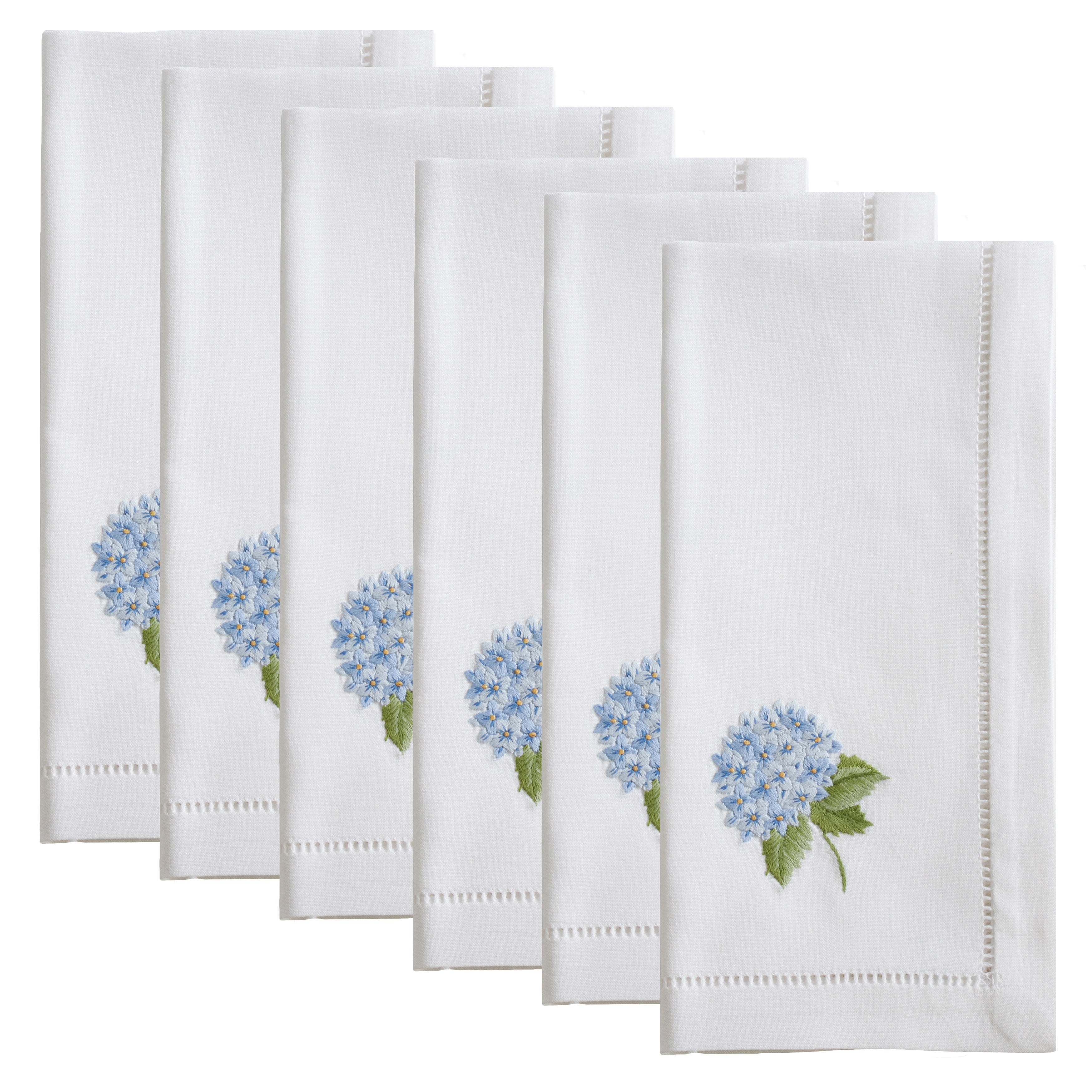 Handmade Hydrangea Embroidery Napkins with Hemstitched Border, Set of 6