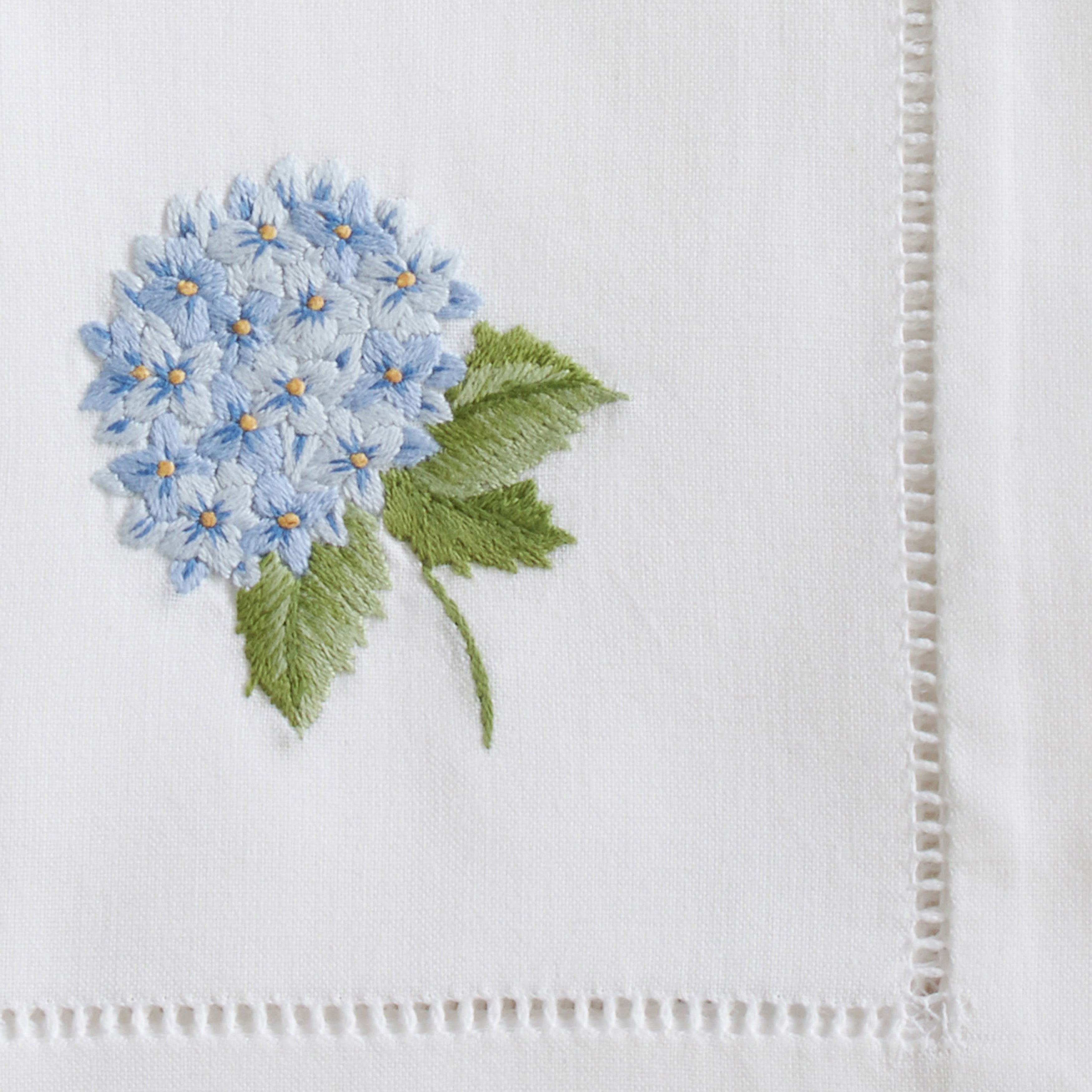 Handmade Hydrangea Embroidery Napkins with Hemstitched Border, Set of 6