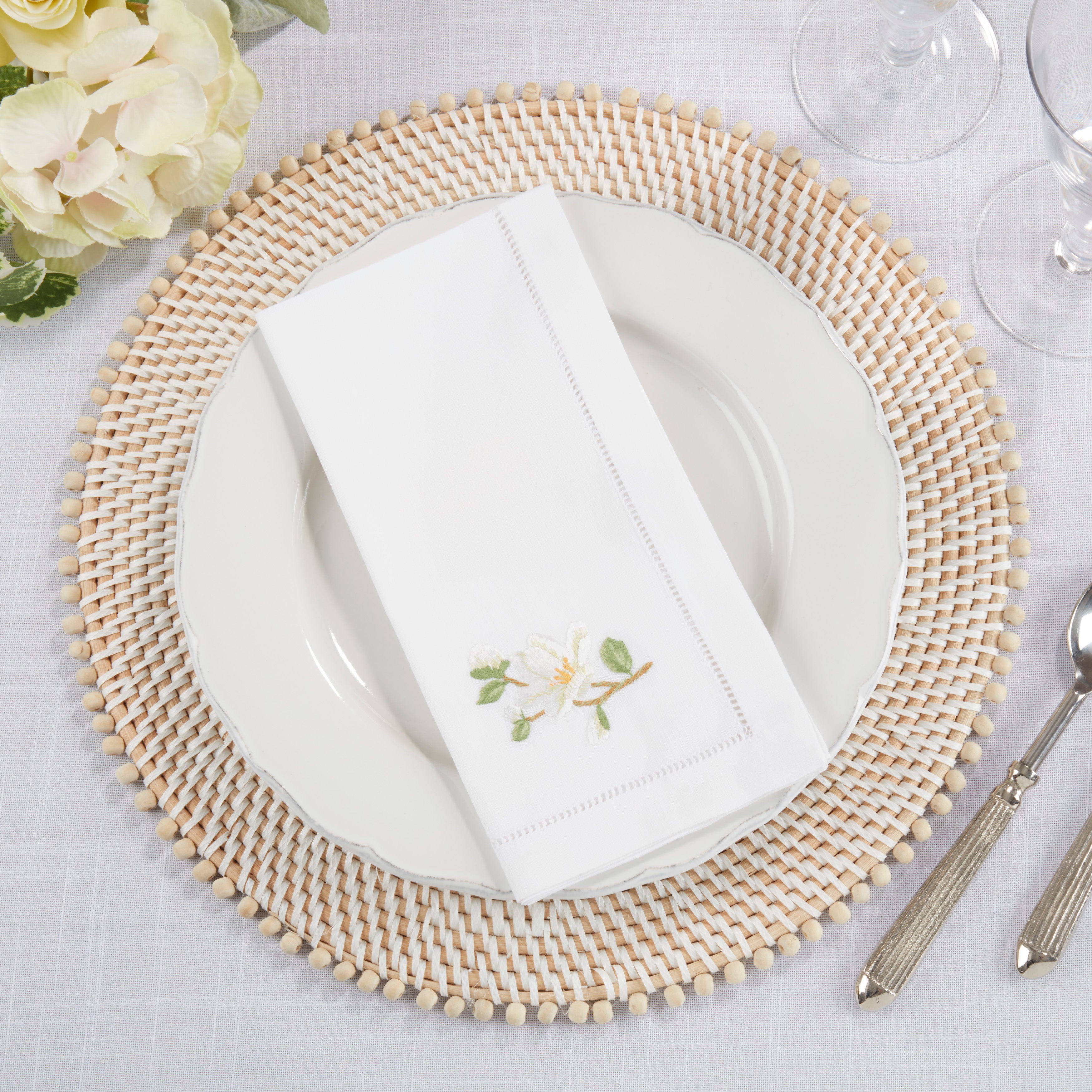 Handmade Magnolia Embroidery Napkins with Hemstitched Border, Set of 6
