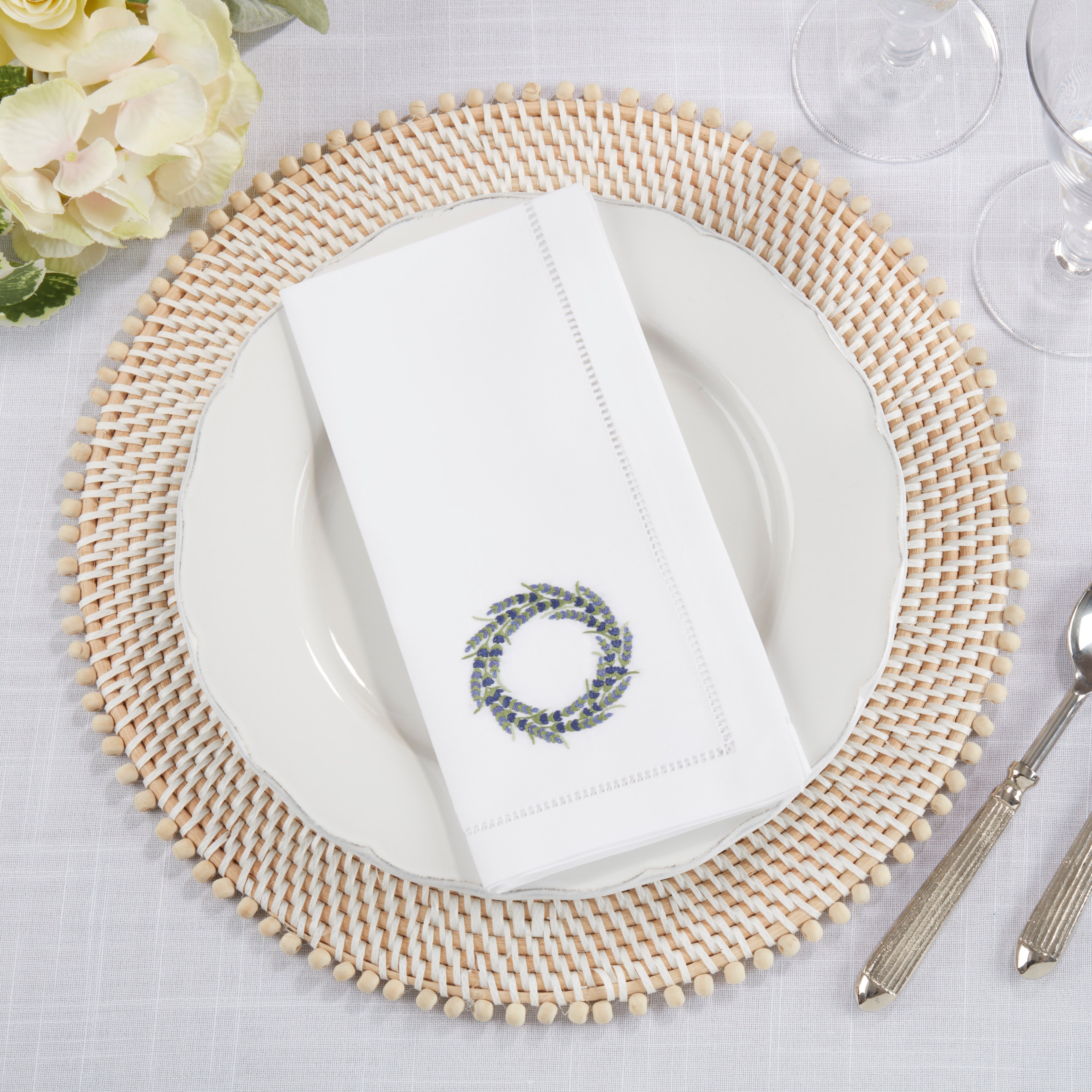 Embroidered Lavender Wreath And Hemstitch Design Cotton Table Napkin, Set of 6