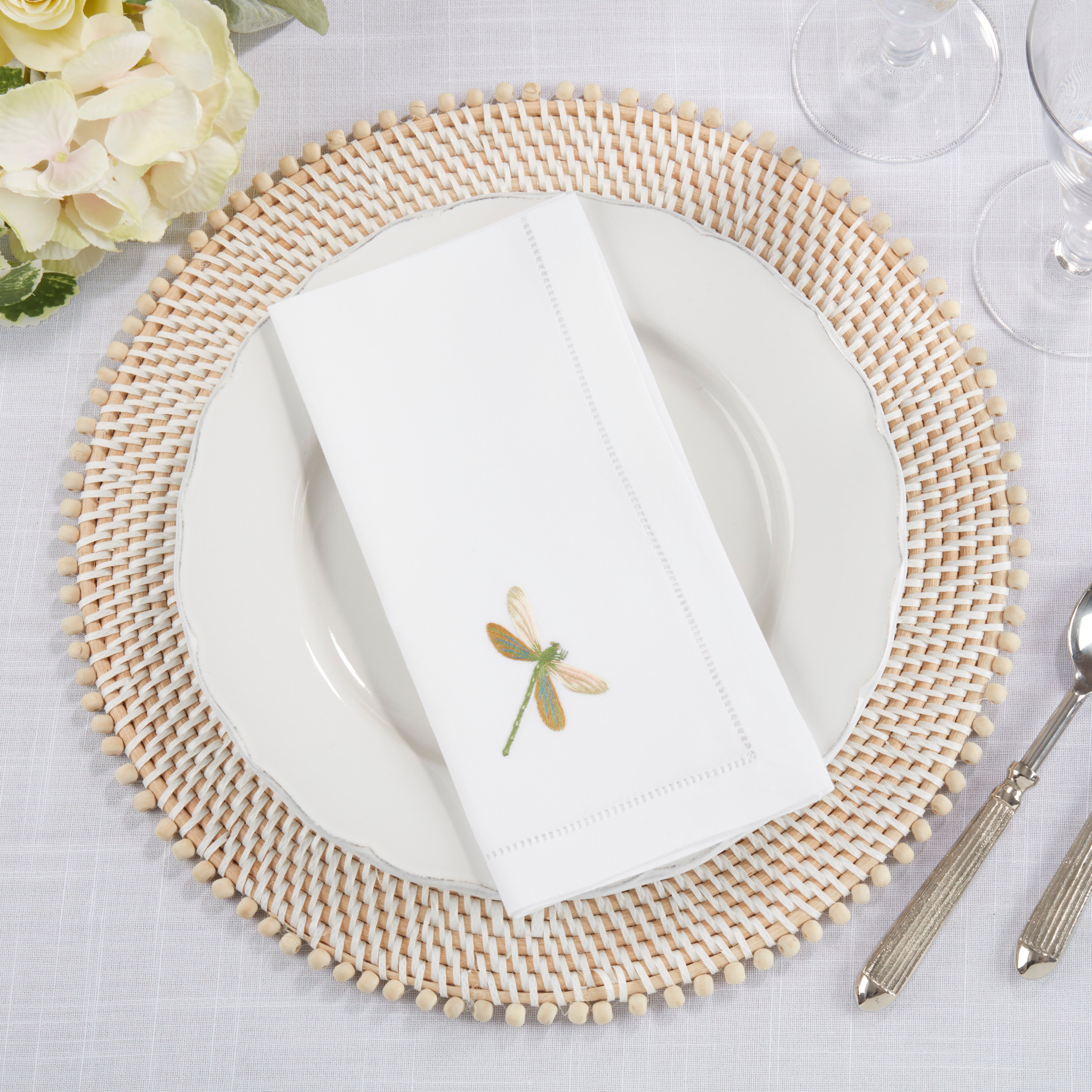 Cotton Napkin With Embroidered Open Wing Dragonfly Design, Set of 6
