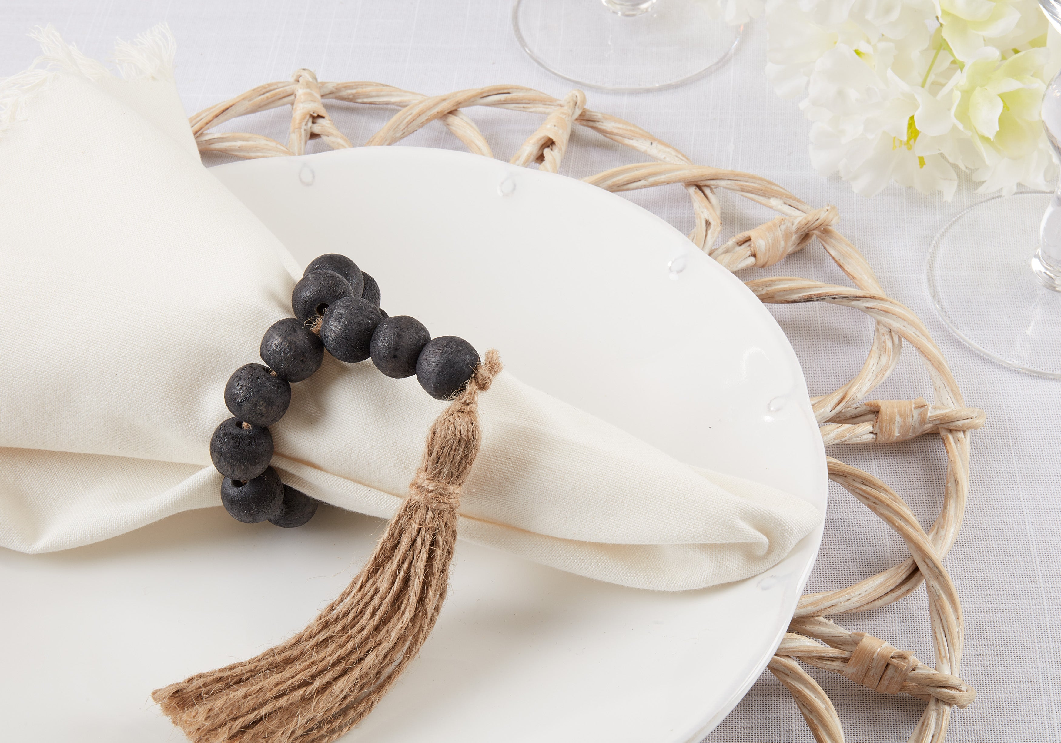 Wood Bead Tassel Napkin Ring, Set of 4