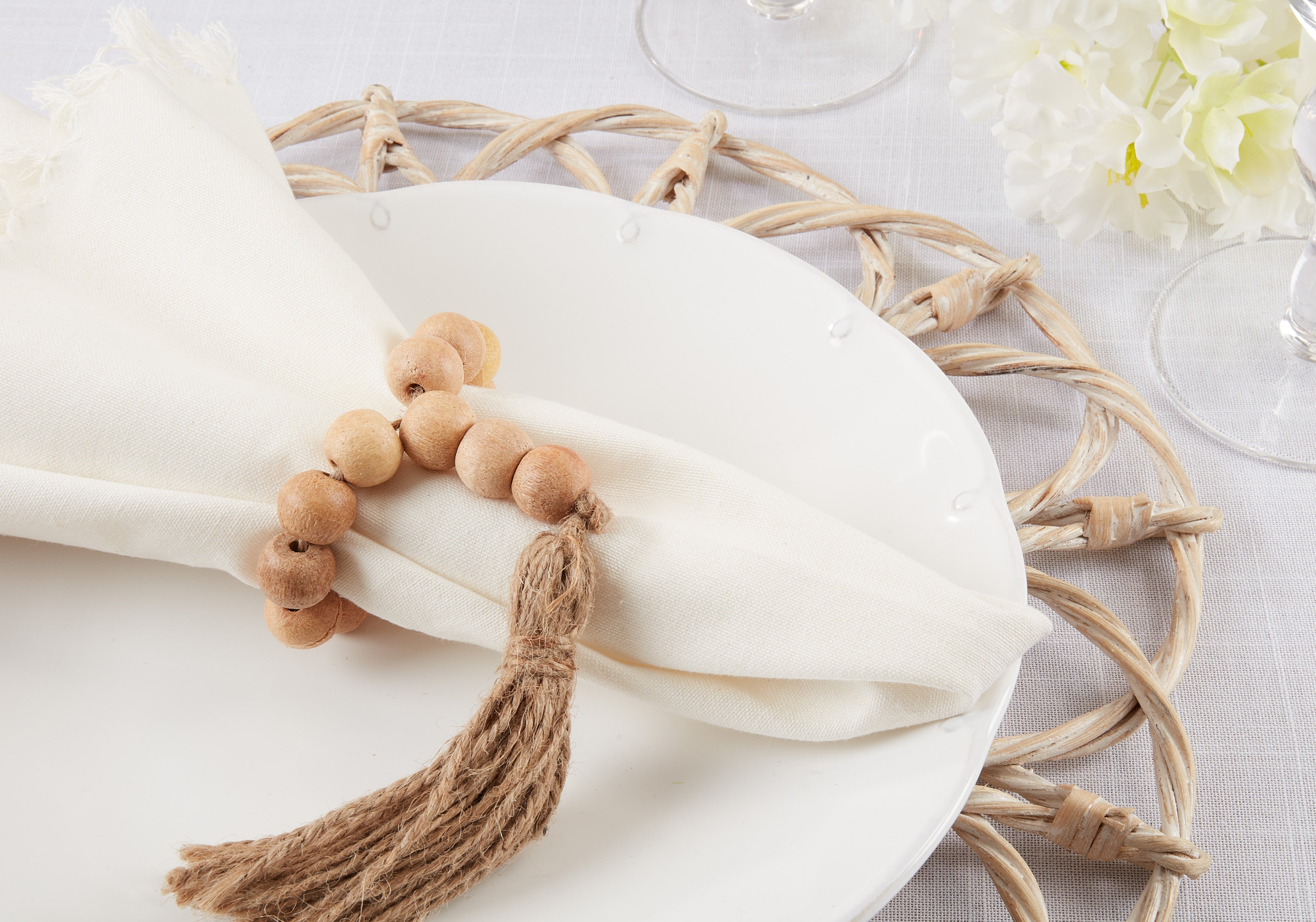 Wood Bead Tassel Napkin Ring, Set of 4