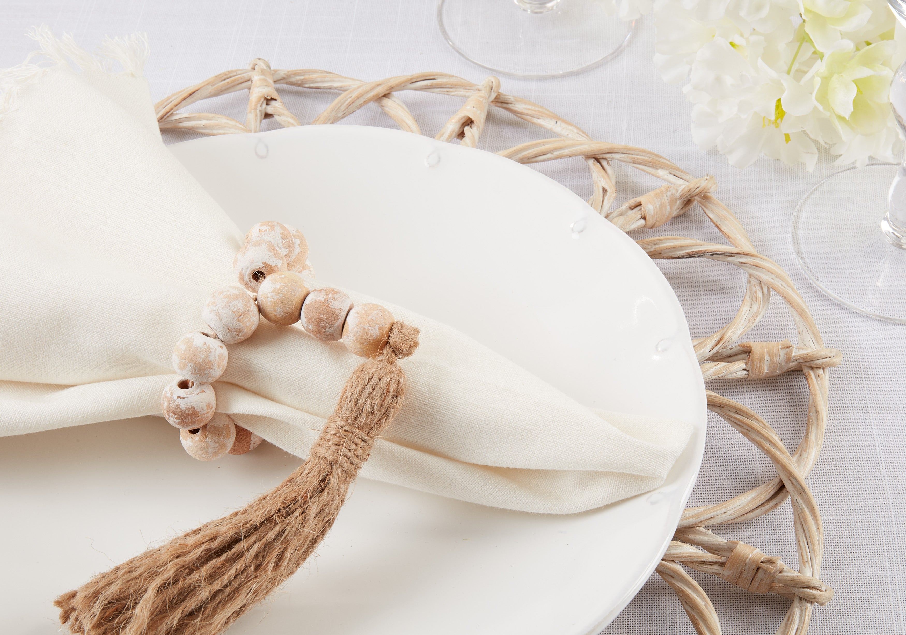 Wood Bead Tassel Napkin Ring, Set of 4